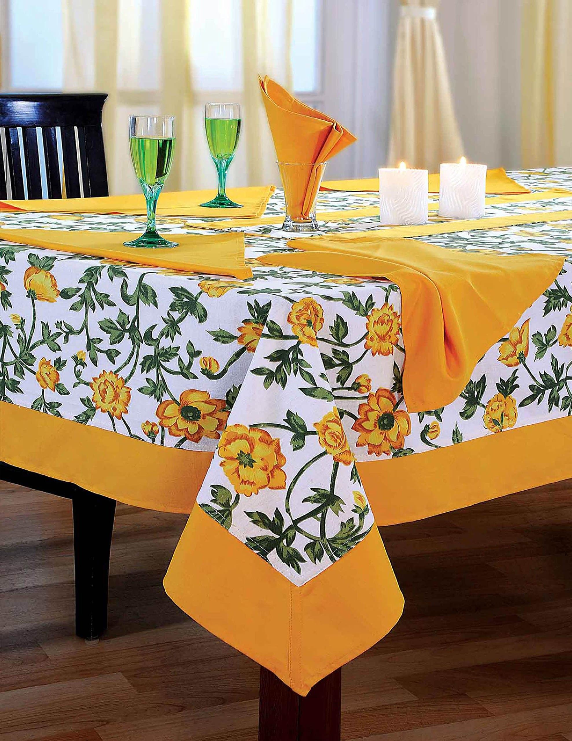 Colorful Multicolor Cotton Spring Floral Tablecloths Tables 152 X 152 CM, Yellow Border