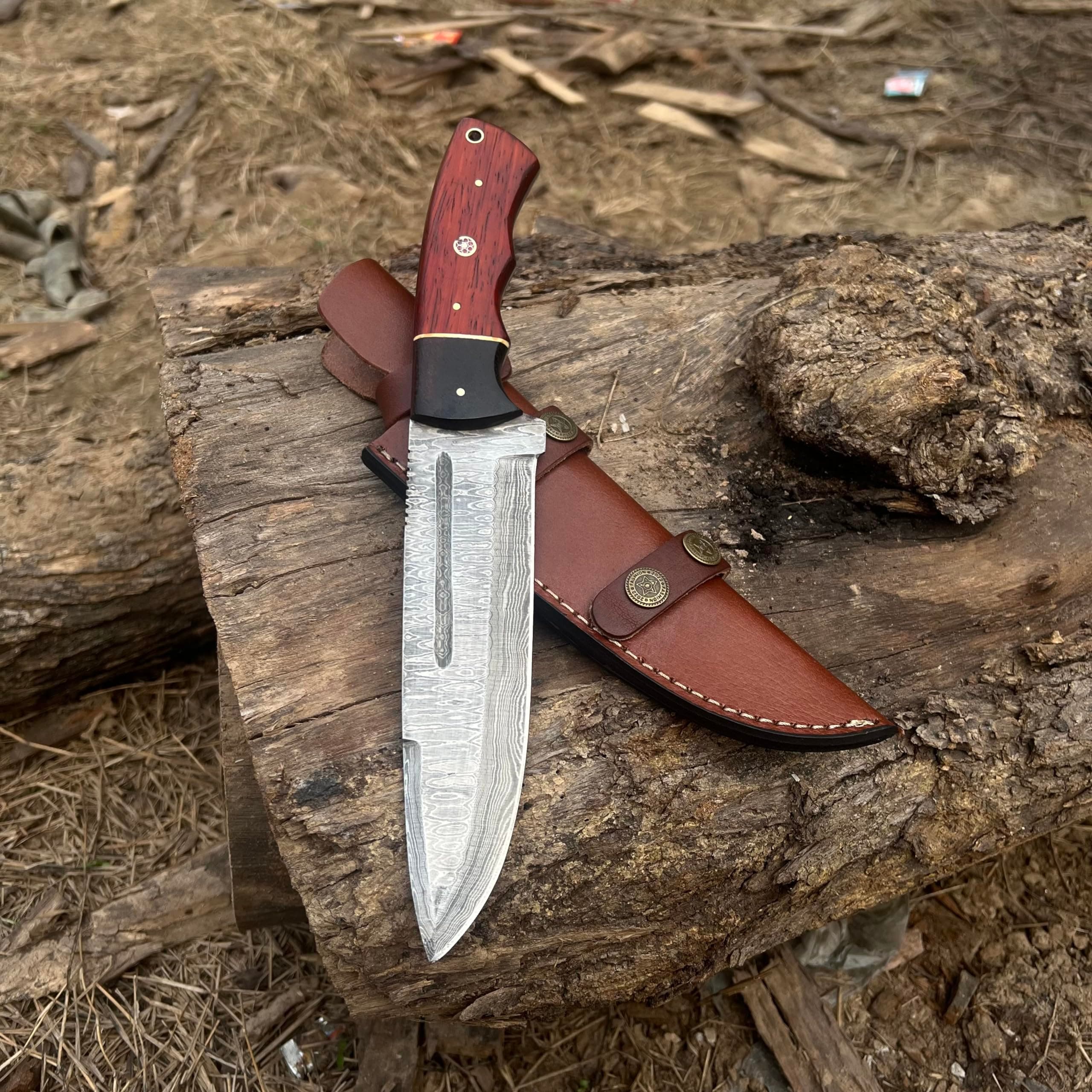Handmade Damascus Steel Hunting Bowie Knife with Leather Sheath | 12'' Hand Forged Full Tang Fixed Blade Damascus Skinning Knives For Men and Women | EDC Razor Sharp Blade Bushcraft Camping Tactical Survival Knifes with Belt loop for Vertical and Horizontal Carry, padauk & wenge Wood 1221