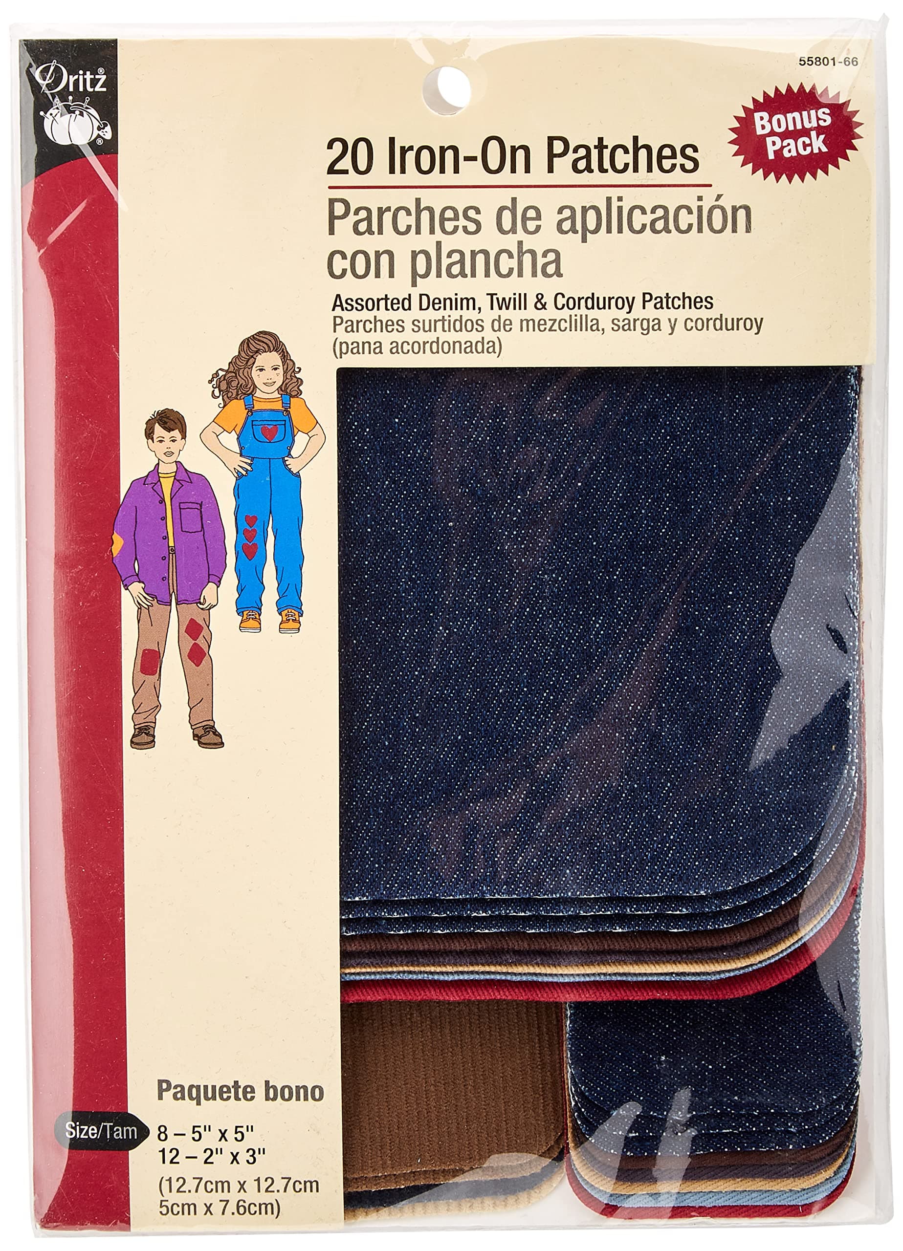 Dritz 55801-66 Patches, Iron-On, Denim, Twill & Corduroy, Colors May Vary & Sizes (20-Count)