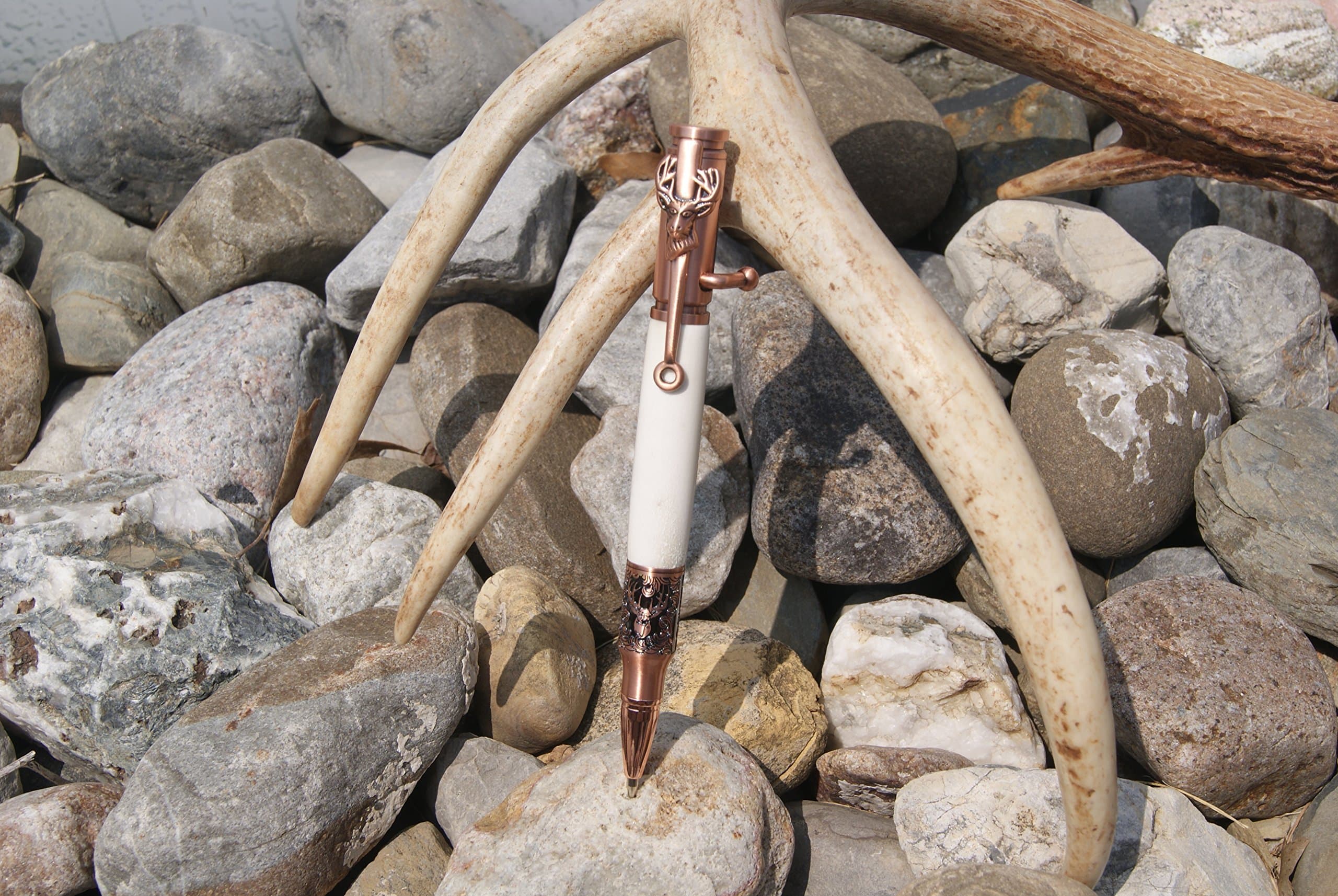 Deer Hunter's Pen - Bolt Action Bullet Pen in Copper with Deer Antler Handle and Deer Clip - Engraved Design
