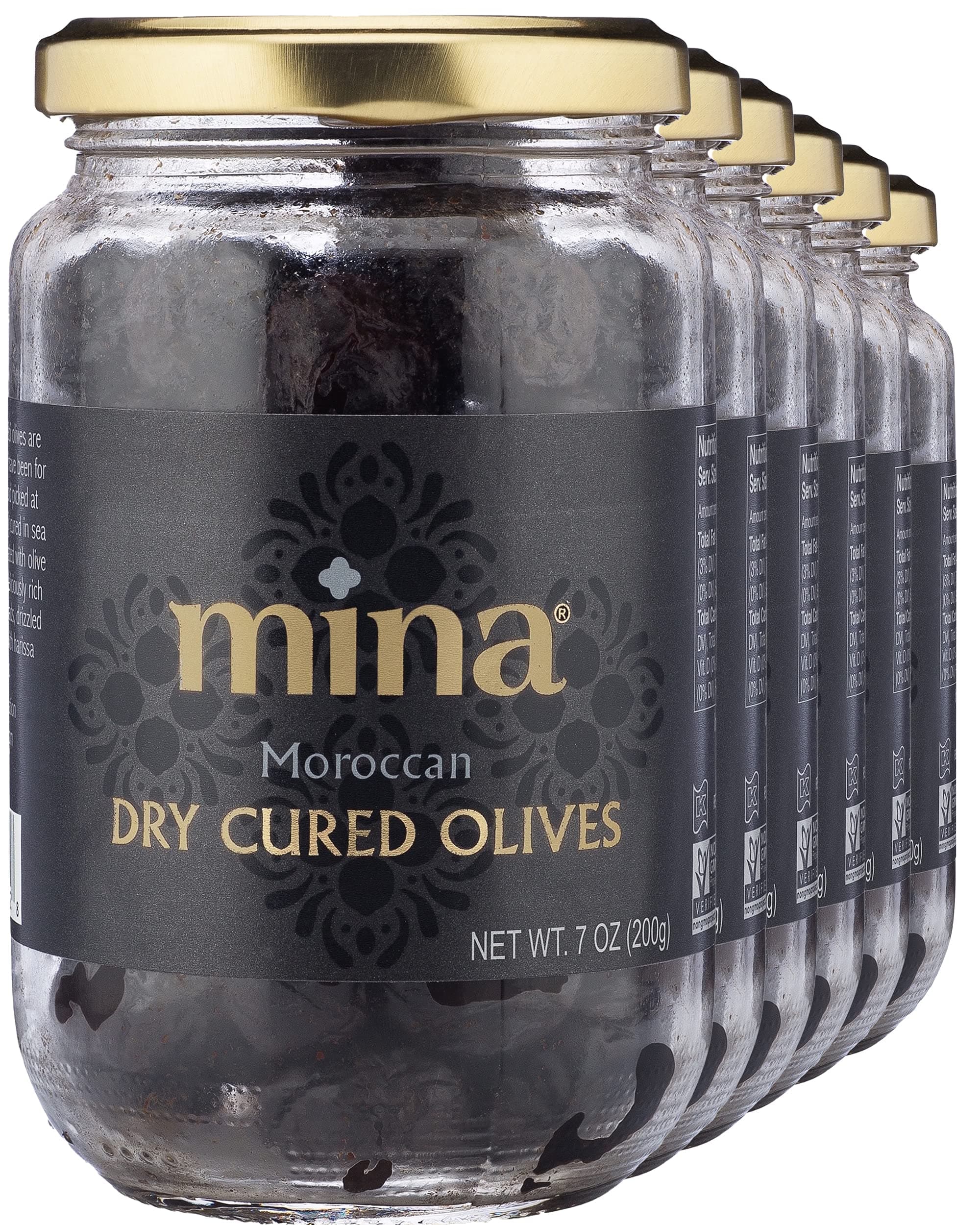 Mina Dry Cured Black Olives, 7 oz (Pack of 6) - Moroccan Olive Oil Cured Olives, Premium Handpicked and Naturally Cured Dried Olives, Non GMO, Gluten Free, Low Carb, Vegan, Great Paleo Keto Snacks