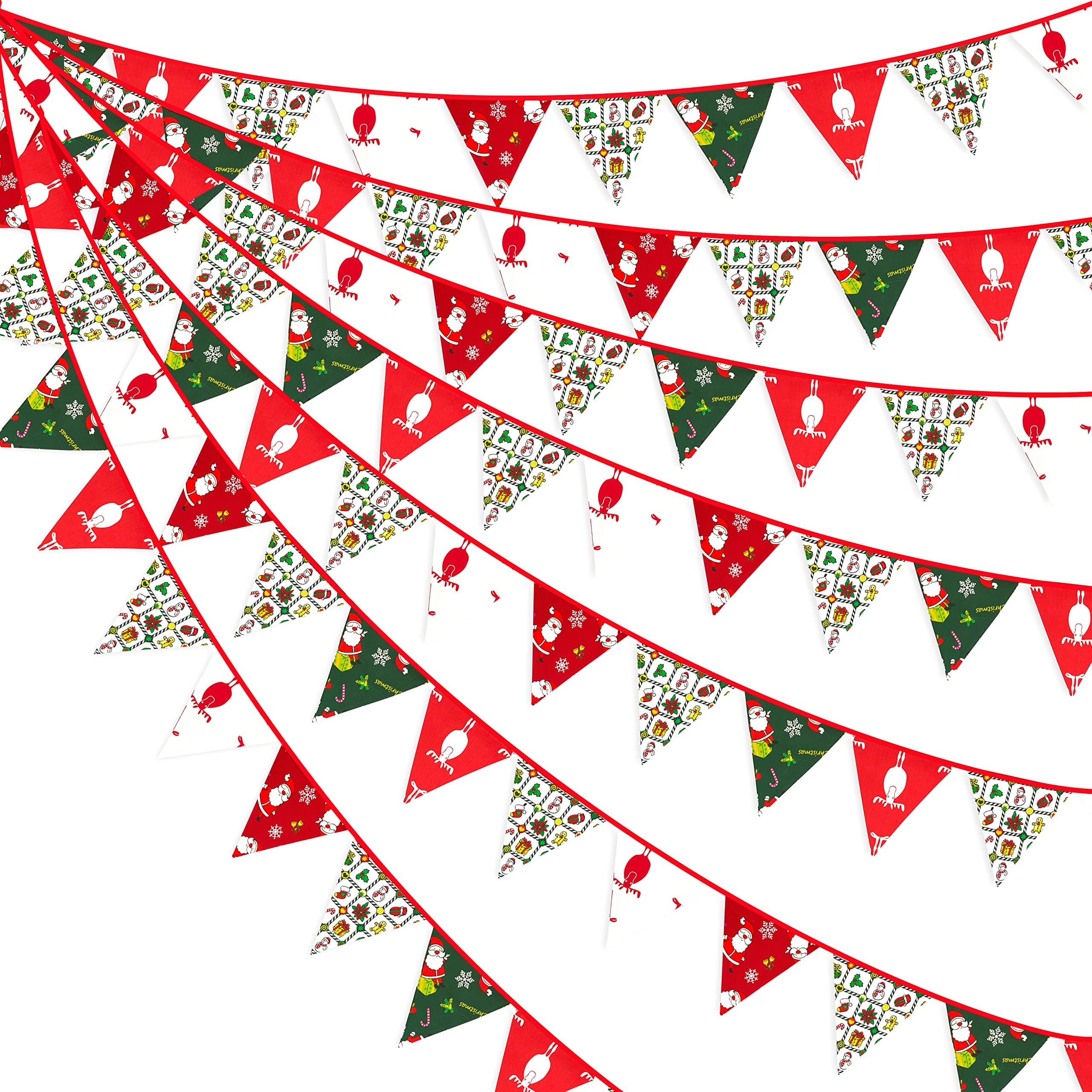 Christmas Decorations Fabric Bunting Banner Red Green Xmas Pennant Flag Floral Cotton Traingle Hanging Garland for Holiday Fireplace Winter Wonderland New Year Party Decorations Supplies (2 Set)