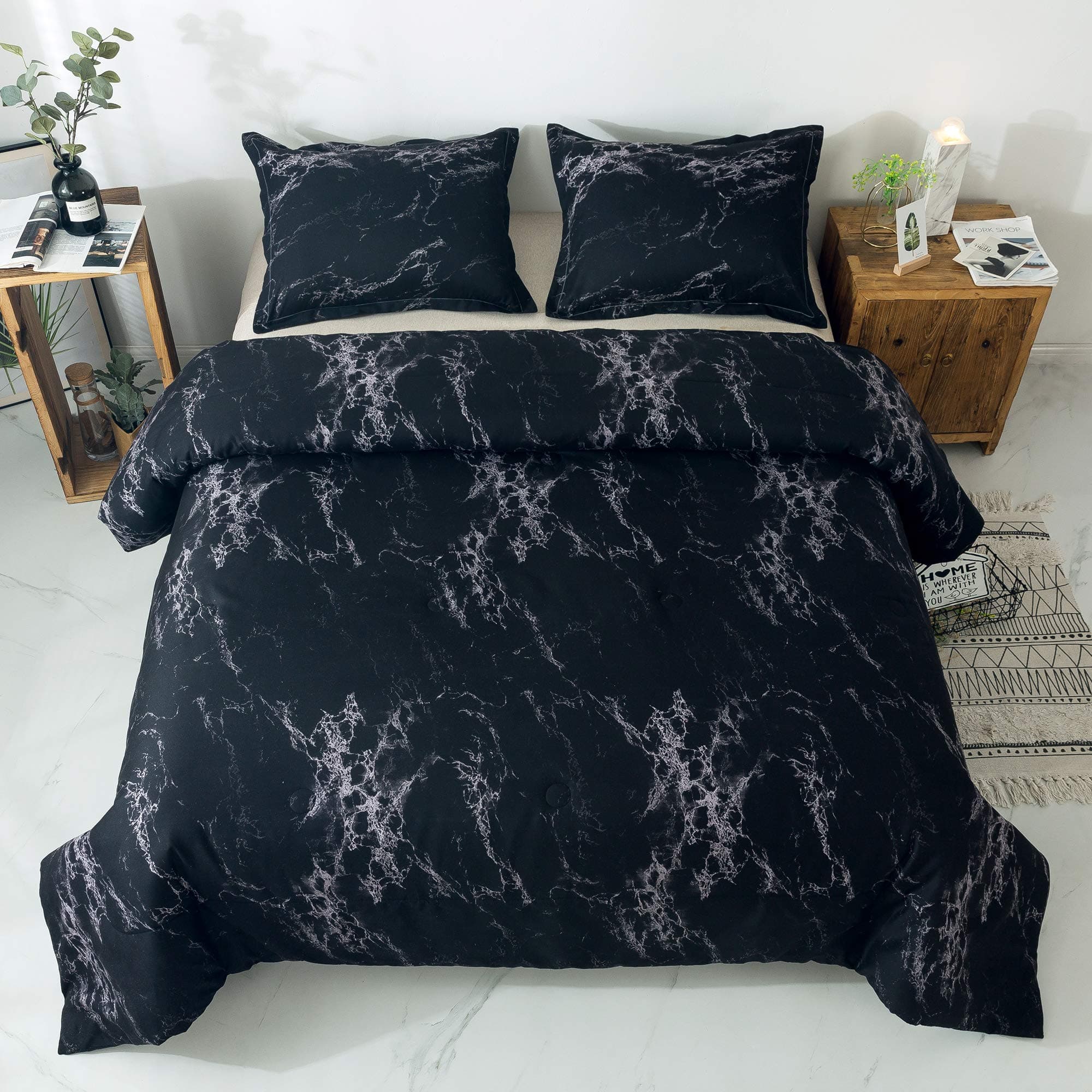 PomCo Marble Comforter Set Queen (90"x90"), 3pcs Soft Lightweight Microfiber Comforter Set-1 Comforter and 2 Pillowcases, Modern Black Marble Print Bedding Set for Teen boy Girl