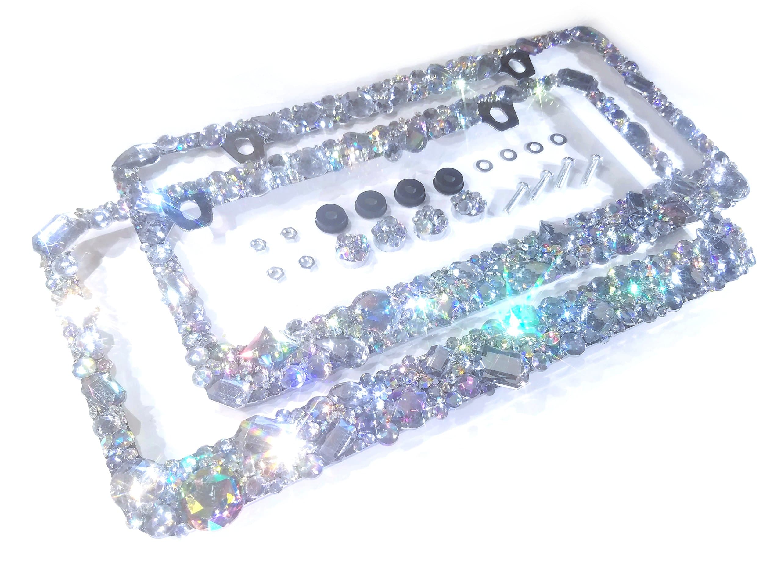 Pair of 2 Bling License Plate Frame with Crystals Ab Iridescent Clear Metal Chrome Zink Alloy Holder Sparkly Sparkle Custom Hand Made Hand Crafted 2 Set