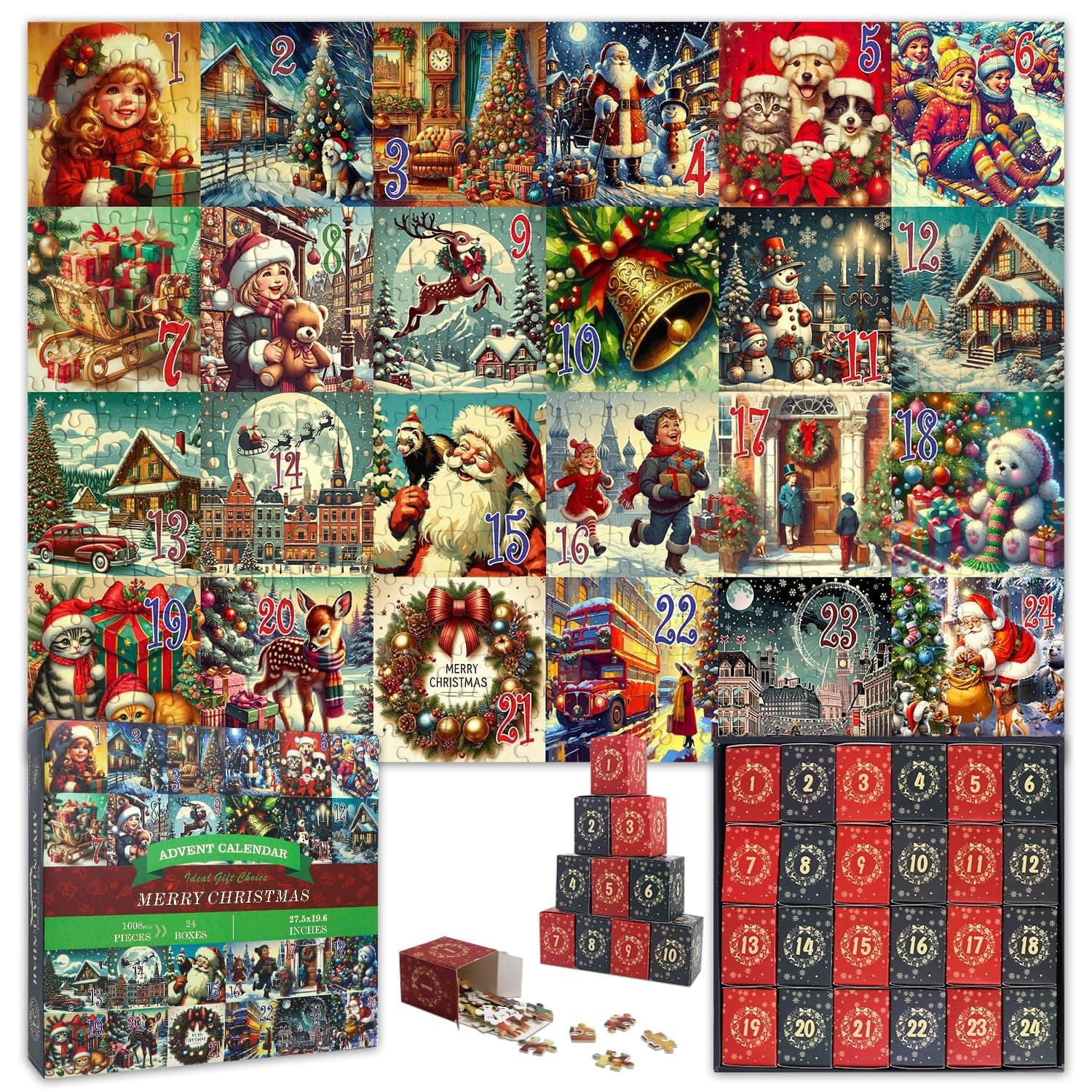 Christmas Advent Calendar 24 Jigsaw Puzzle,24 Days Christmas Puzzle 1008 Pieces Puzzle,Unique Holiday-Themed Puzzles (B-Christmas Themed)