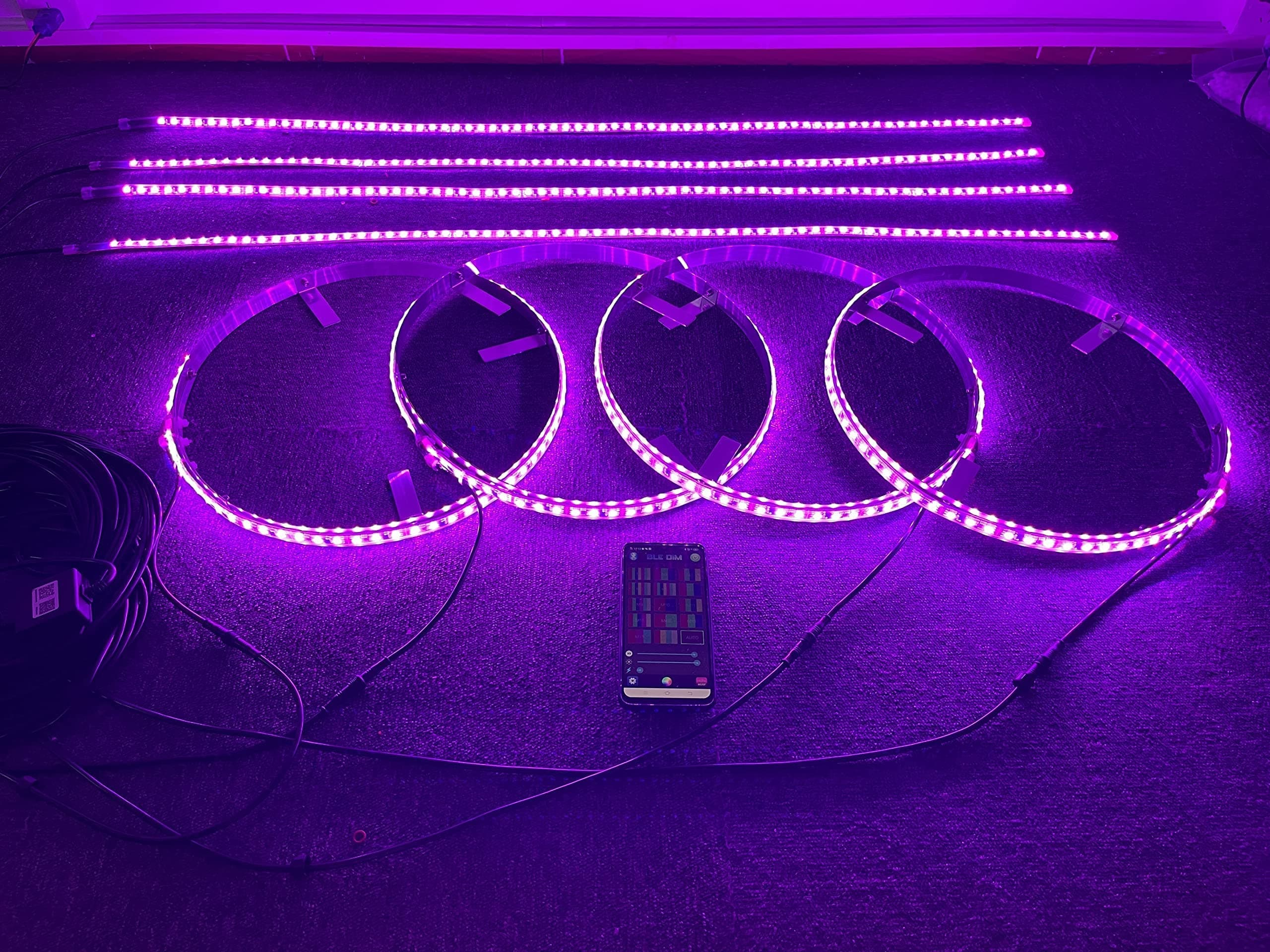 Sando Tech RGB Colors Shift 4PCS 15.5'' Led Wheel Ring Light Rim Lights + 4PCS 4Ft Underbody Decoration Light Kit 8plugs Sync Bluetooth Ctrl