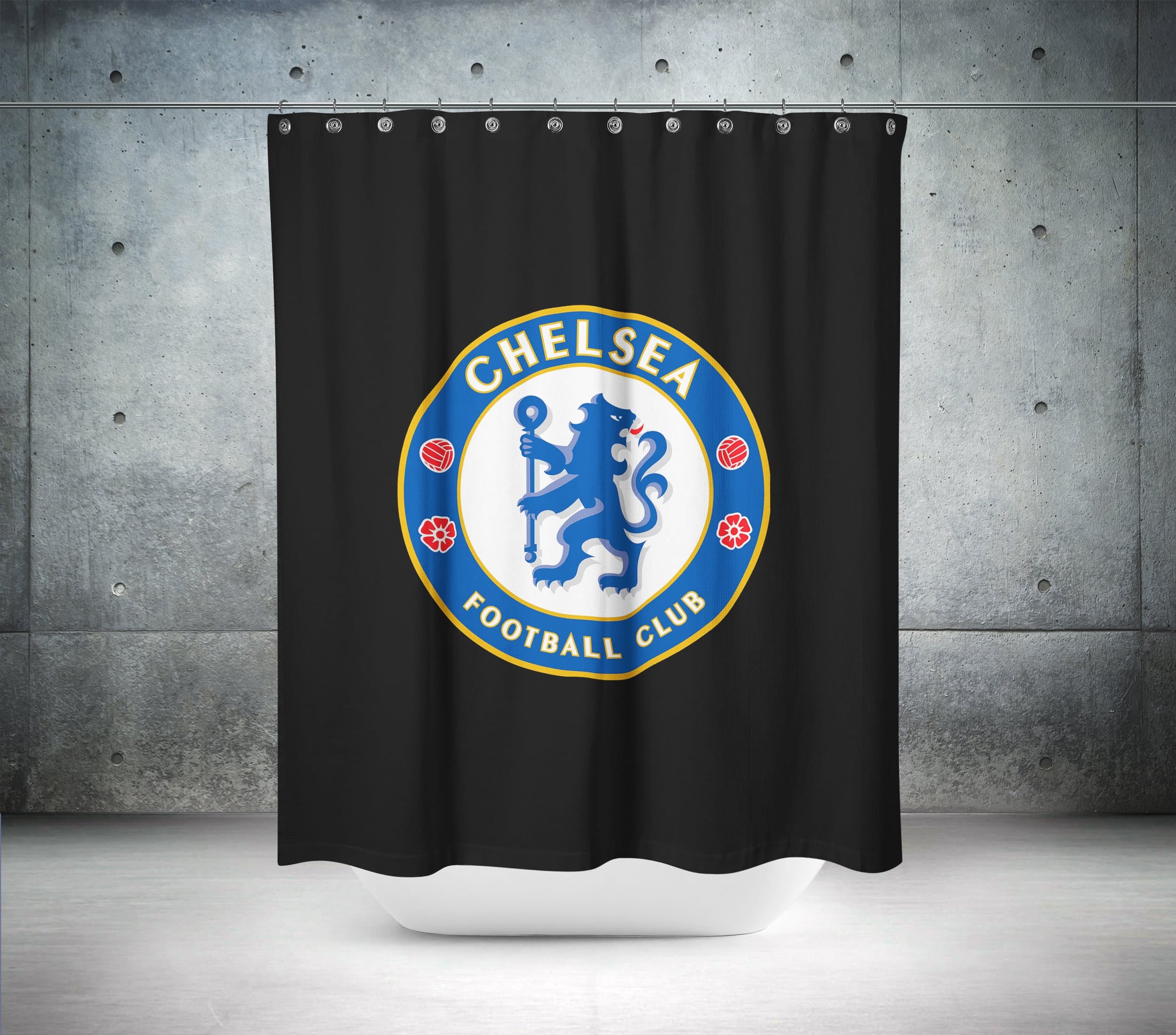 Chelsea FC Custom Designed & Printed Shower Curtain, Bath Curtain, 100% polyester, waterproof, shower curtain anti mould and machine washable, shower curtain designer, shower curtain extra long, shower curtain extra wide