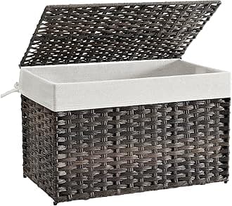 SONGMICS Storage Basket with Lid, Woven Blanket Storage Bin with Handles, Foldable, Removable Liner, Metal Frame, for Bedroom, Laundry Room, 27.7 Gallons (105 L), Brown URST066K01