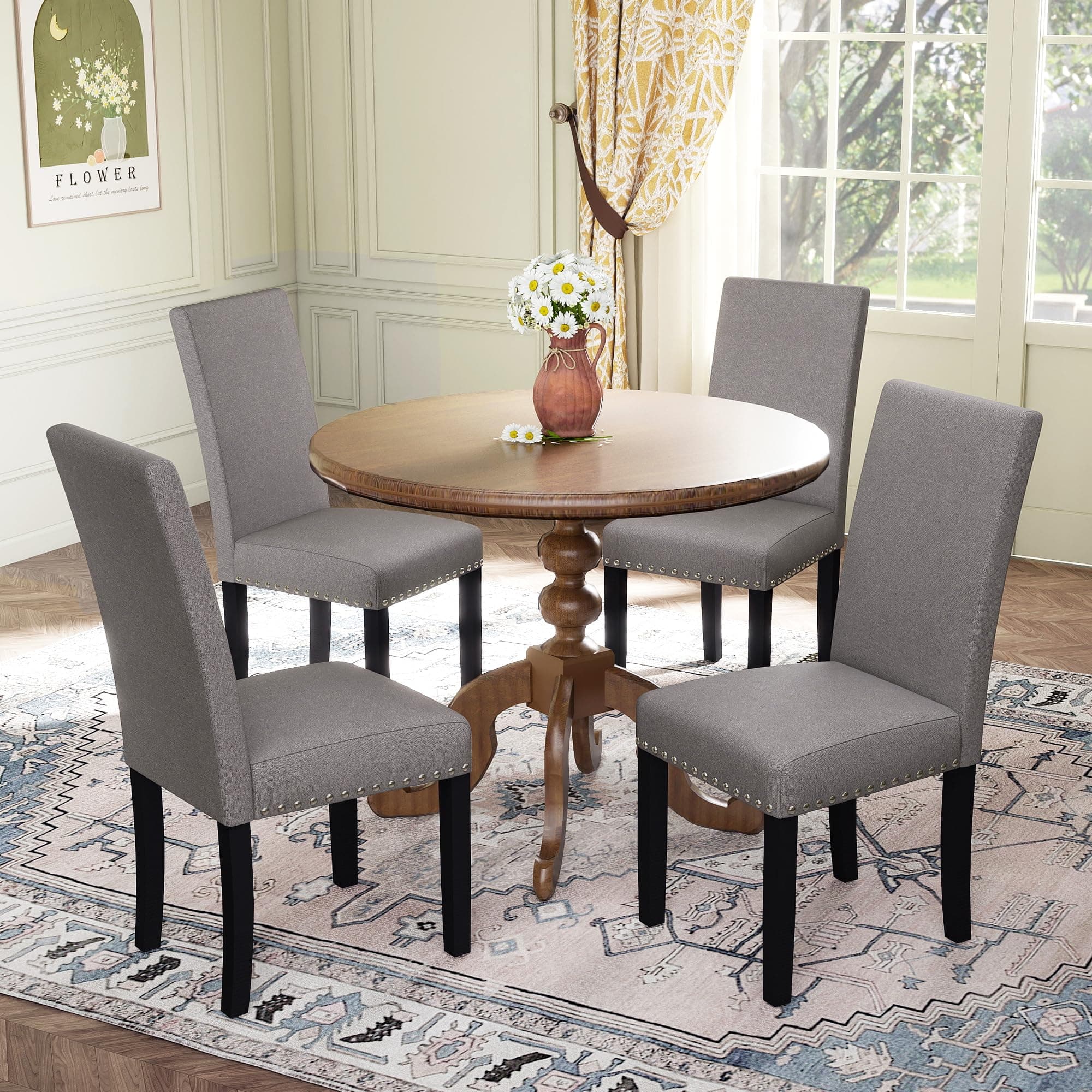 LSSPAID Dining Chairs Set of 4, Fabric Upholstered Dining Room Parson Chair with Nailhead Trim and Solid Wood Legs for Home and Kitchen, Gray