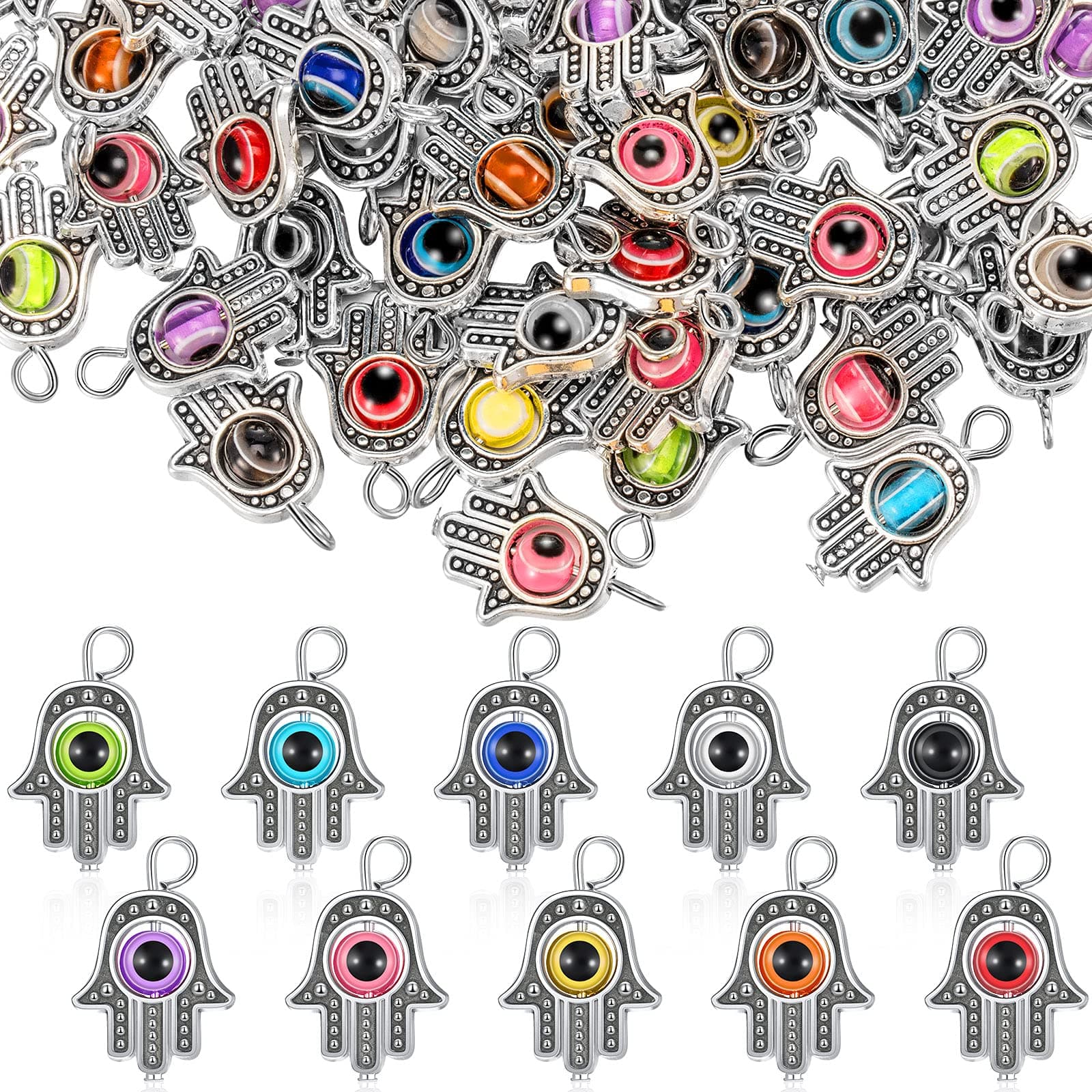 60 Pcs Antique Hamsa Hand Charms Evil Eye Charms for Jewelry Making Fatima Symbol Colorful Evil Eye Hamsa Hand Beads Pedant for Earring Bracelet Necklace DIY Christmas Gift Craft