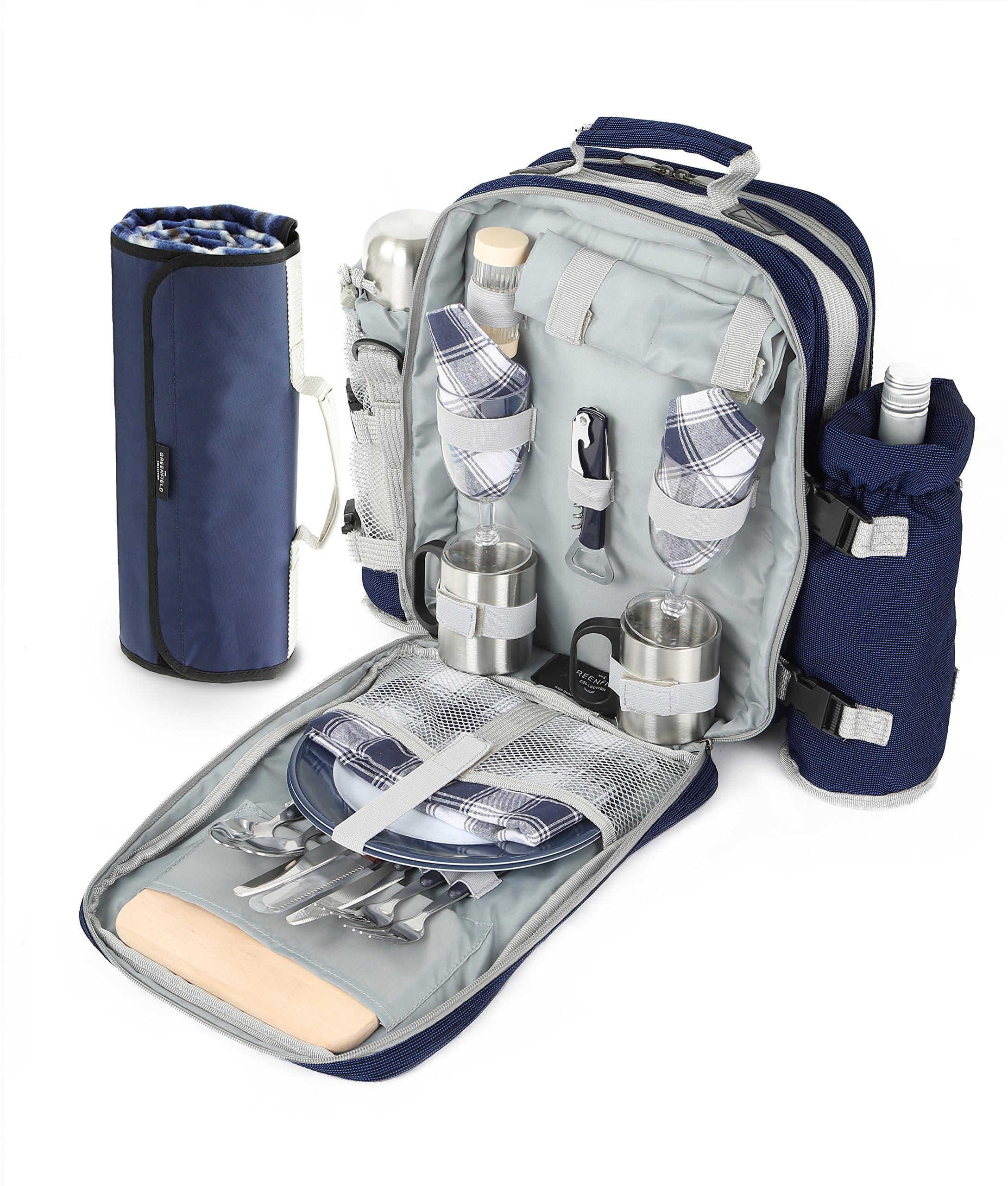 Greenfield Collection 2 Person Super Deluxe Picnic Set Rucksack & Water Resistant Picnic Blanket; Picnic Backpack Hamper Includes Cutlery Set; Waterproof Cool bag Bundle for Camping/BBQ/Hiking - Blue