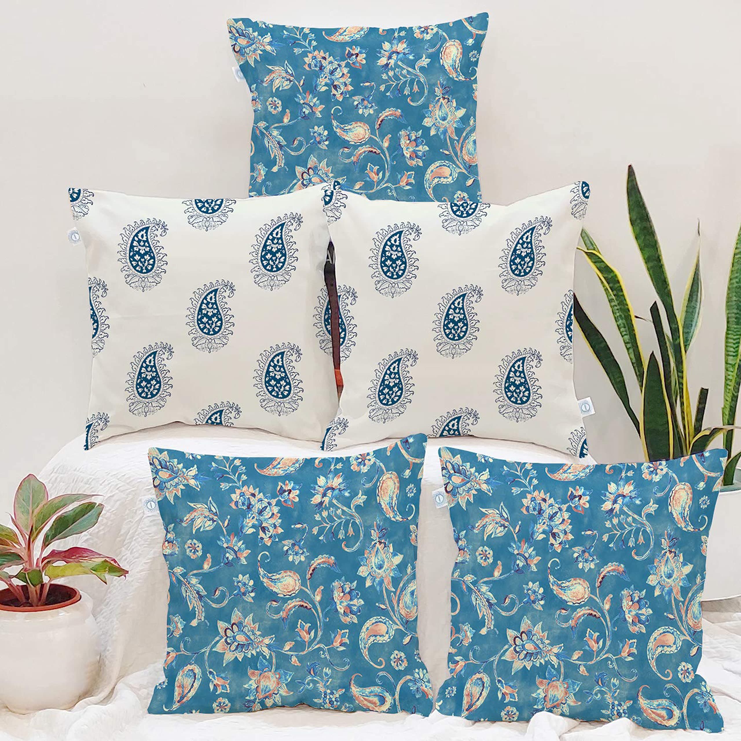 STITCHNEST Set of 5 Polycotton Cushion Covers – 16x16 Inches – Blue & White Paisley Floral Prints – Elegant Traditional Cushion Covers for Sofa & Living Room | Perfect for Home Decor
