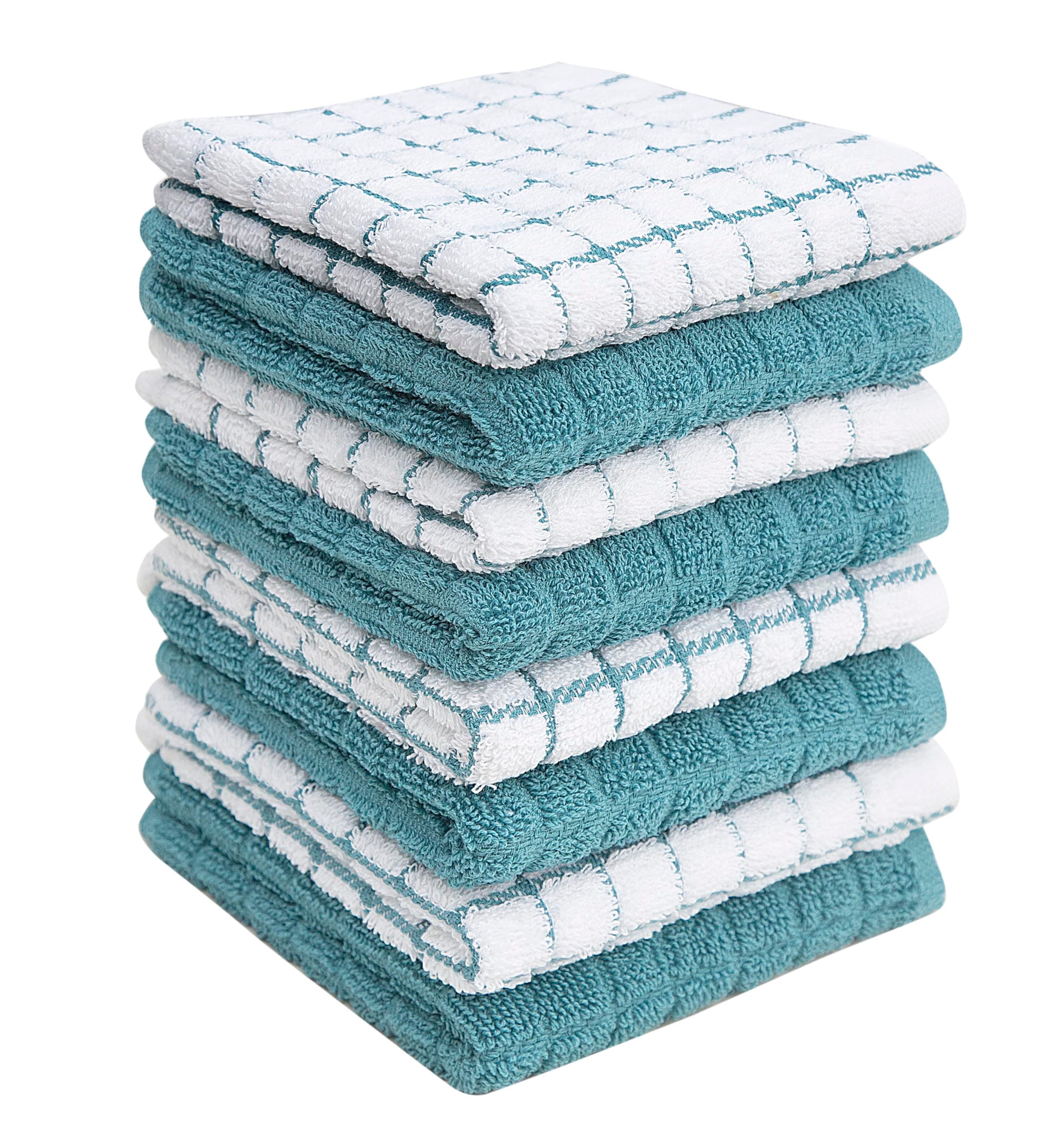 Premium Cotton Dish Cloths (12" x 12") Aqua Check Design | Highly Absorbent with Hanging Loop | Natural Ring Spun Cotton | Kitchen Dish Set | 380 GSM - 8 Pack