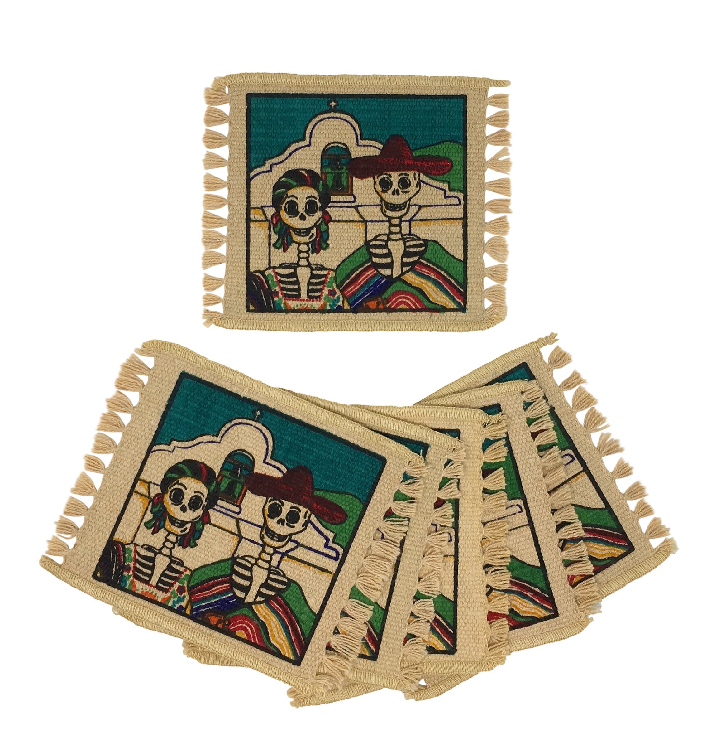 SpiritFest Sugar Skull Coasters: Set of 6 Day of the Dead Table Saving Decor (Mission Couple)