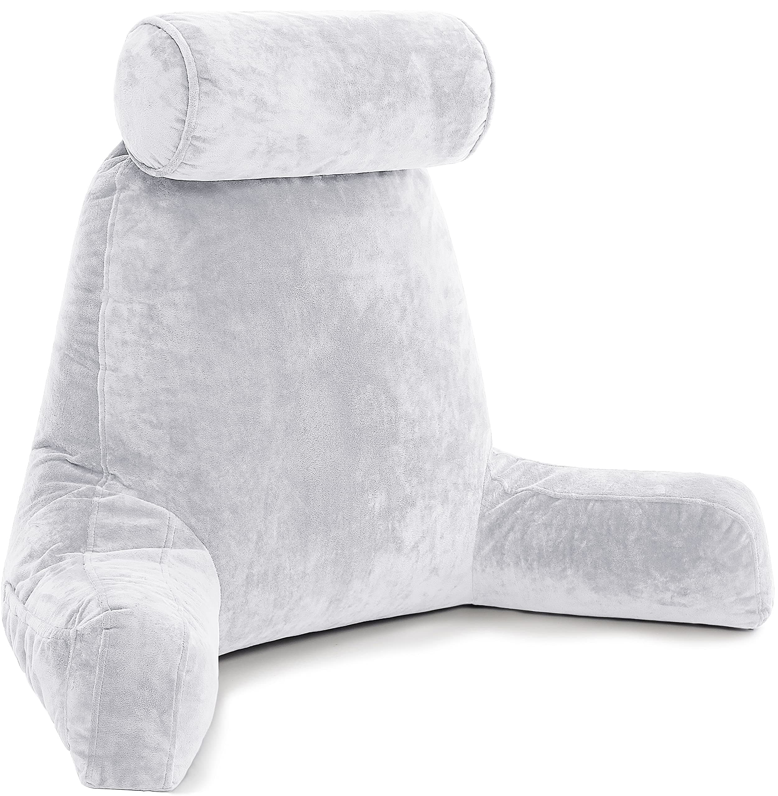 Husband PillowLight Grey, Big Reading & Bed Rest Pillow with Arms - Sitting Up Tall - Premium Shredded Memory Foam, Detachable Neck Roll on Bungee, Removable Covers & Zipper for Adjustable Loft