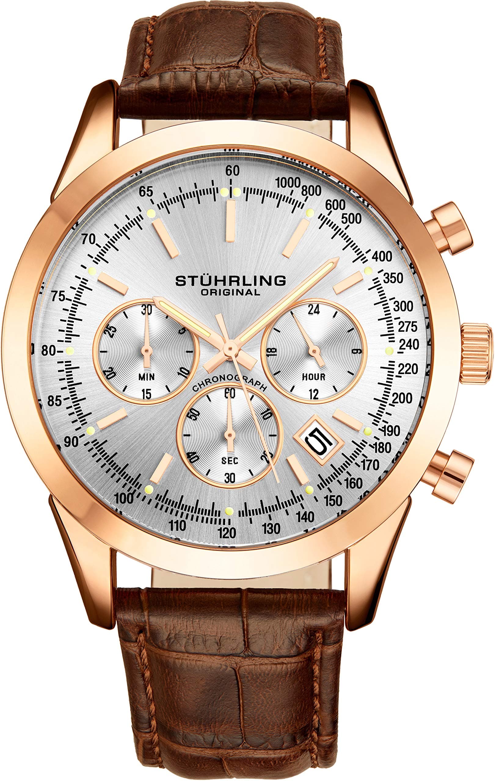 Stuhrling Original Mens Dress Watch Chronograph Analog Watch Dial with Date - Tachymeter 24-Hour Subdial Mens Leather Strap - Watches for Men Rialto Collection
