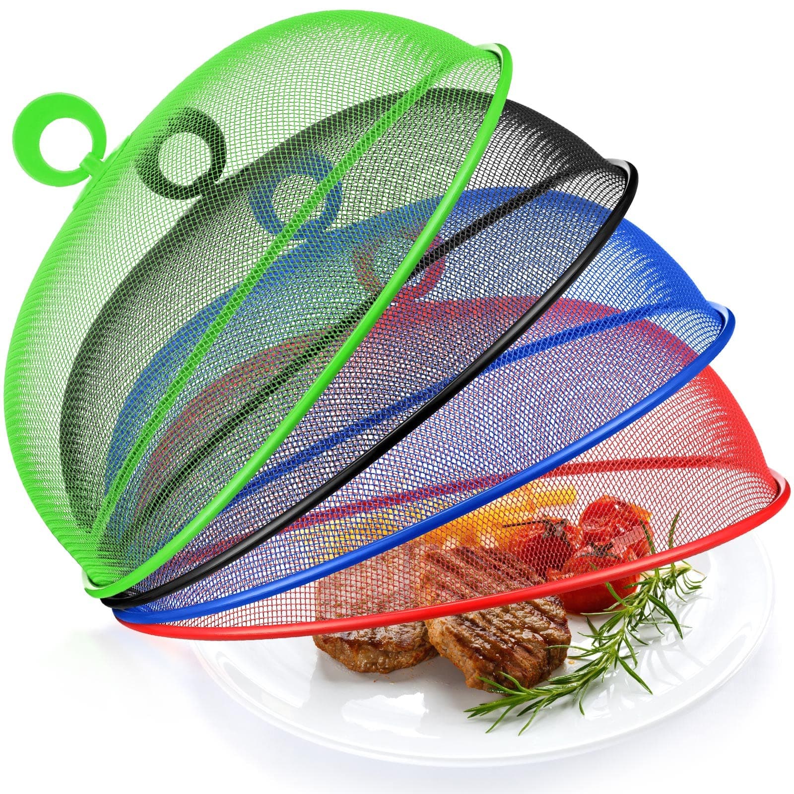 Foaincore 8 Pcs Metal Mesh Food Covers Tent Umbrella 11 Inch Outside Mesh Food Net Tents Dome Screen Plate Covers for Outdoor Picnic Camping Keep out Flies Bugs Mosquitoes(Red, Green, Blue, Black)