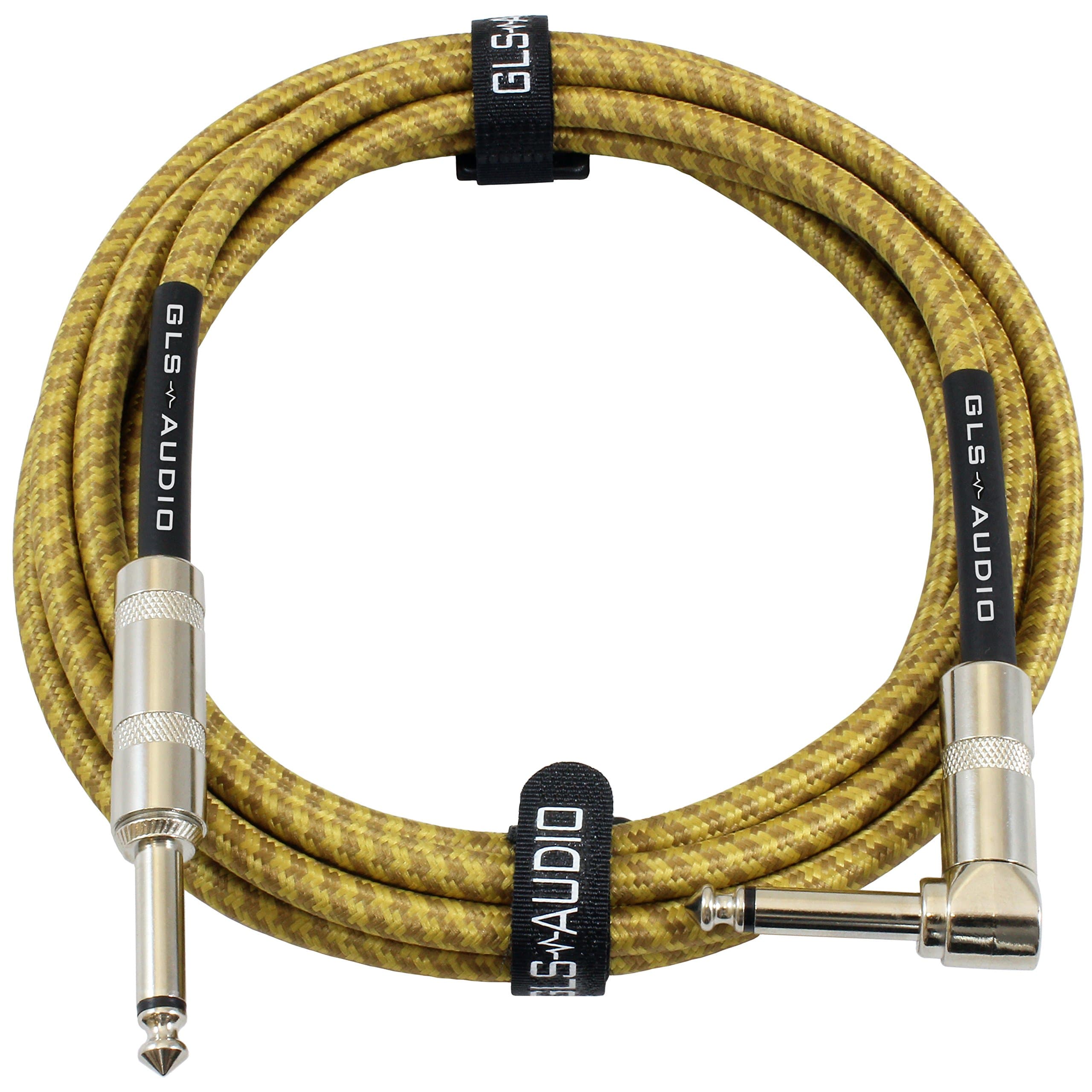 - GLS Audio Instrument Cable - Amp Cord for Bass & Electric Guitar - Straight to Right Angle 1/4 Inch Instrument Cable - Brown/Yellow Braided Tweed, 10 Ft