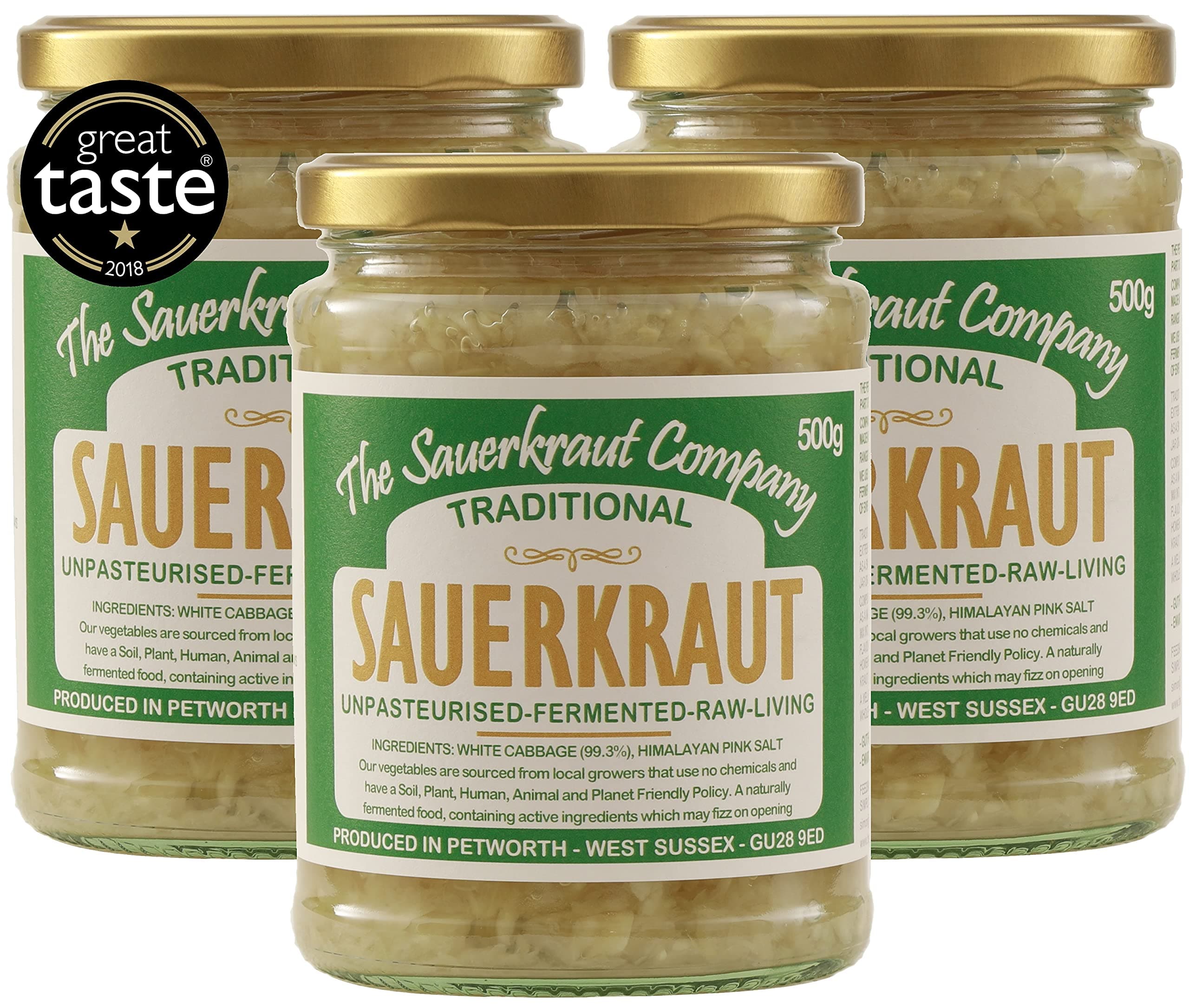 The Sauerkraut Co. Award Winning Traditional Sauerkraut (3x500g). Packed Full of Pro-Gut Living Bacteria (Unpasteurised), Vital Vitamins & Minerals