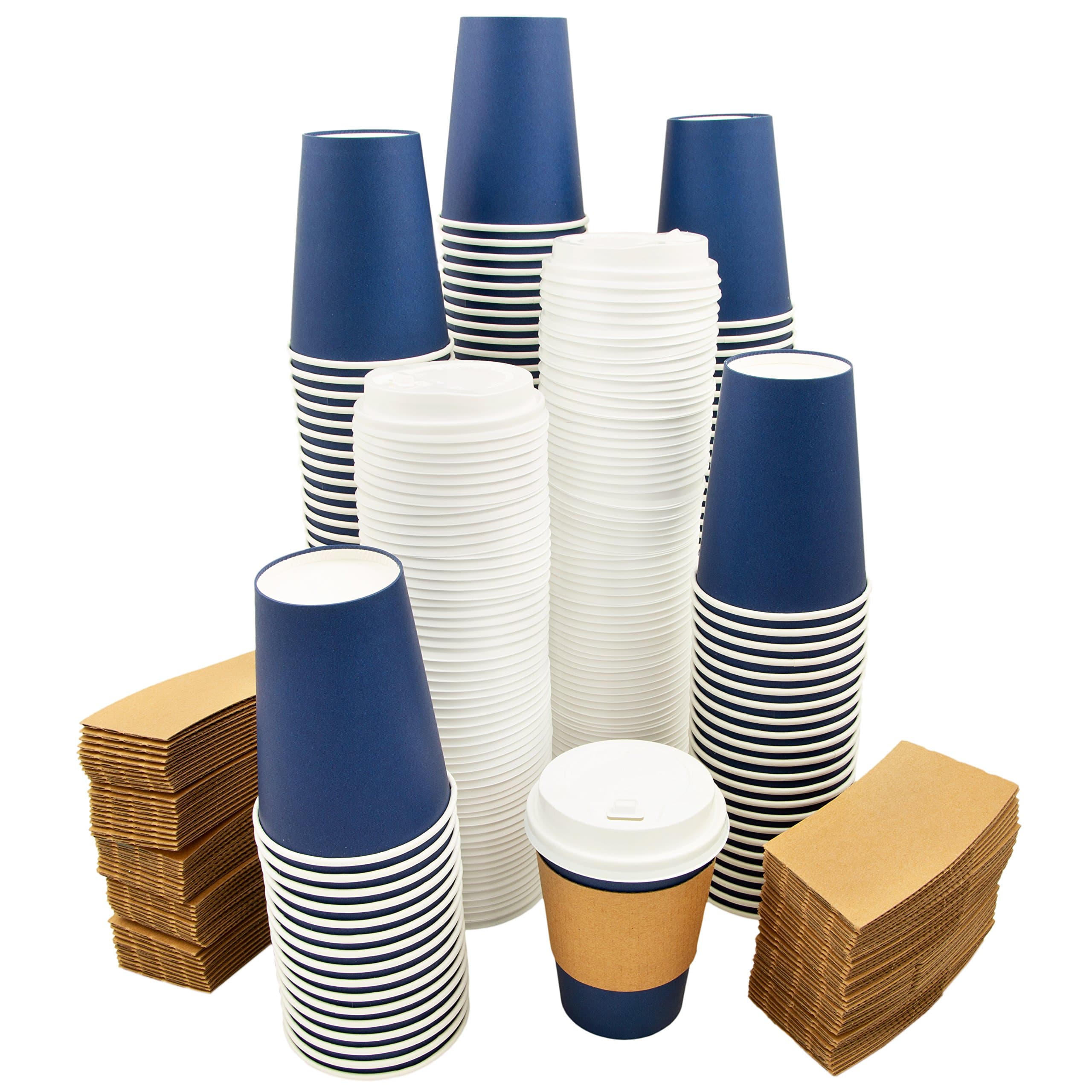 Dichon Innovations 80 Pack Disposable Paper Coffee Cups with Lids and Sleeves, Hot or Cold To Go Travel Beverage Cups, Recyclable, 12 ounce Navy Blue