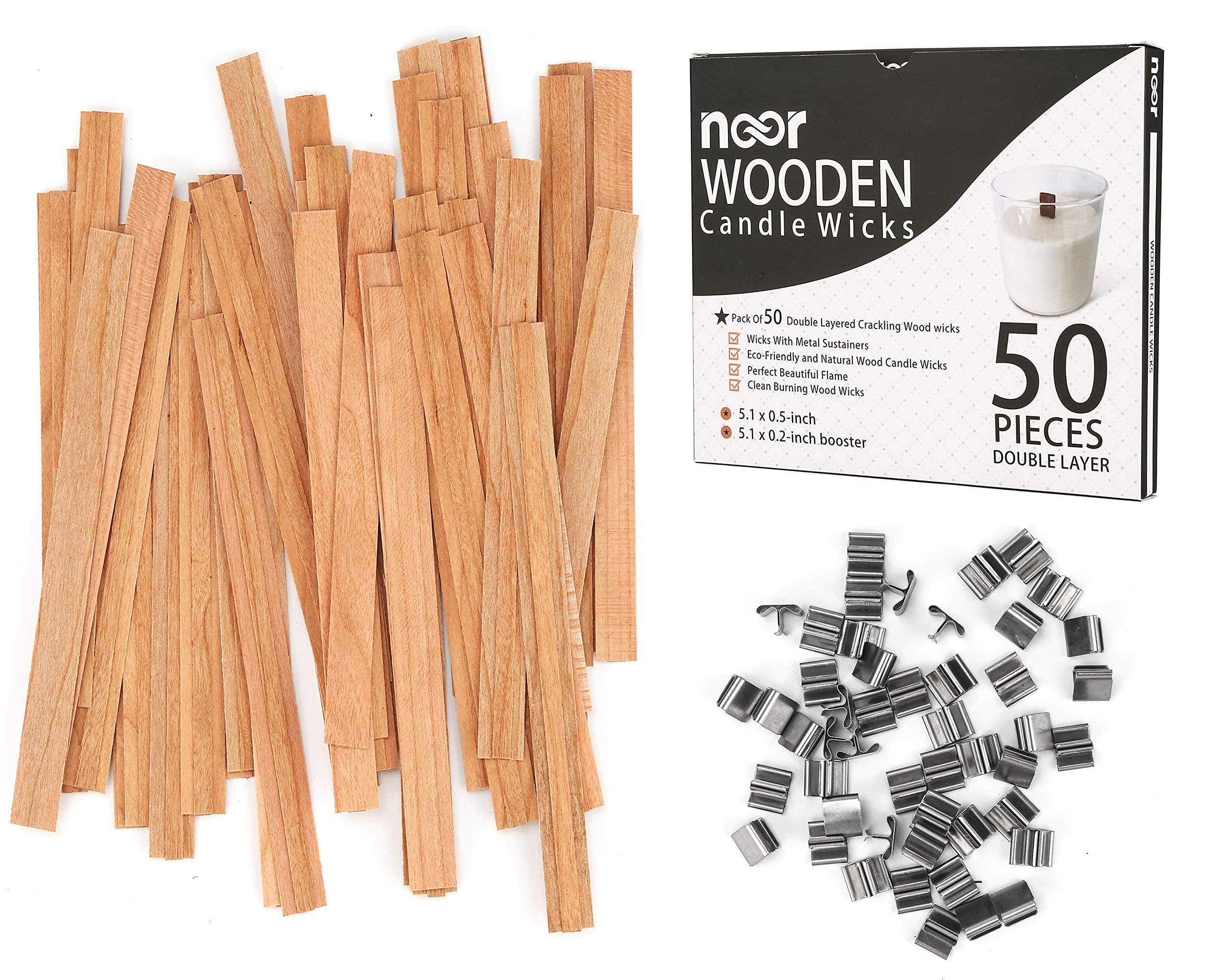 NOOR 50 Wooden Wicks for Candle Making - Double Layer Crackling Wood Wicks with Metal Clips - Smokeless, Eco-Friendly, Ideal for Soy Wax & DIY Candle Projects