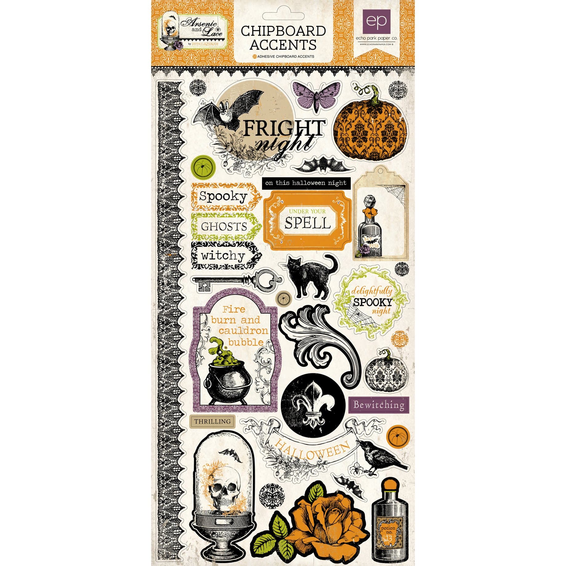 Echo Park Arsenic and Lace 6x12 Chipboard Halloween Scrapbook Stickers