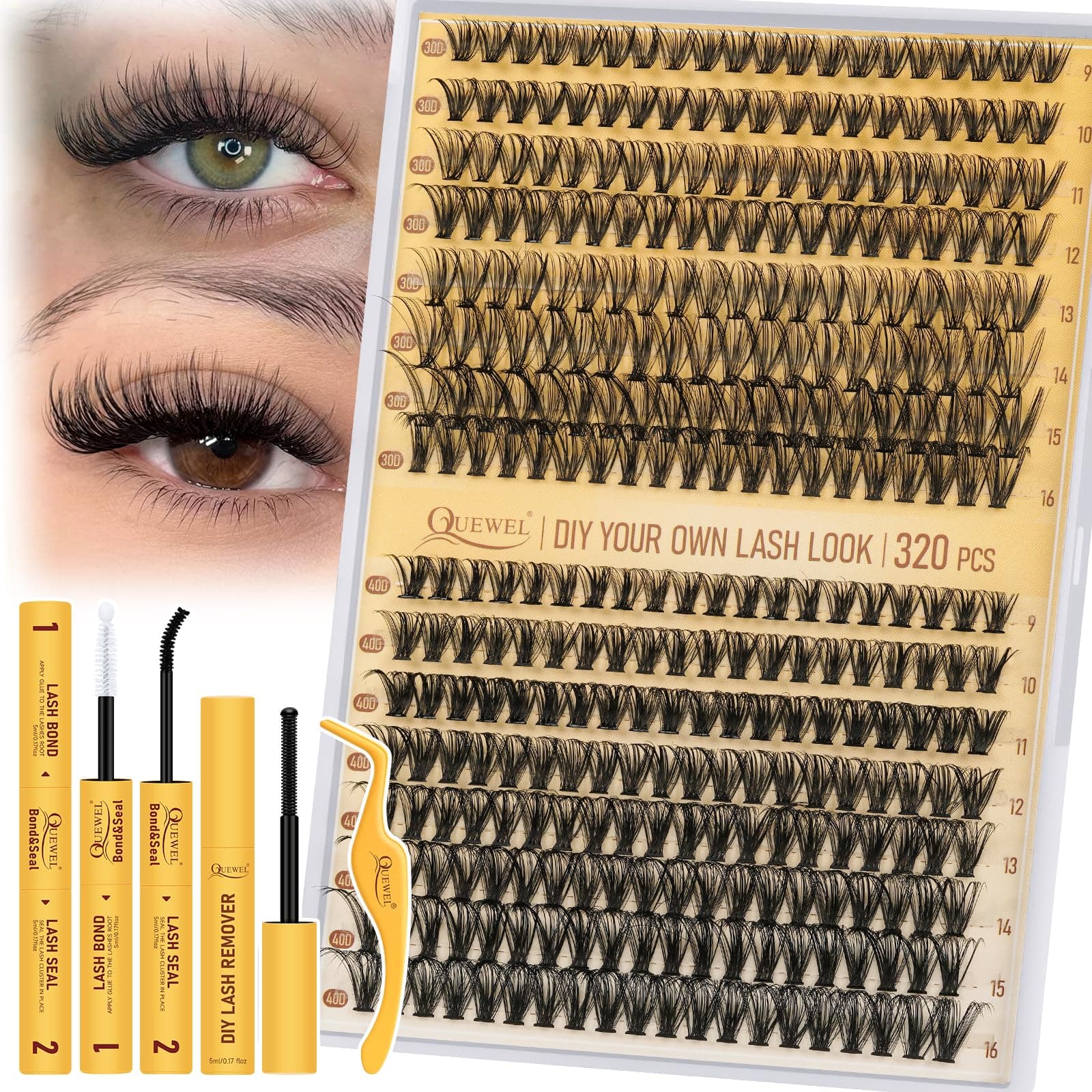 Clusters Lashes Kit 320 Pcs Individual-Lashes, Lash-Clusters Bond and Seal Waterproof, Eyelash Cluster Applicator with Glue Remover for Natural Look(QD-30D+40D-kit)