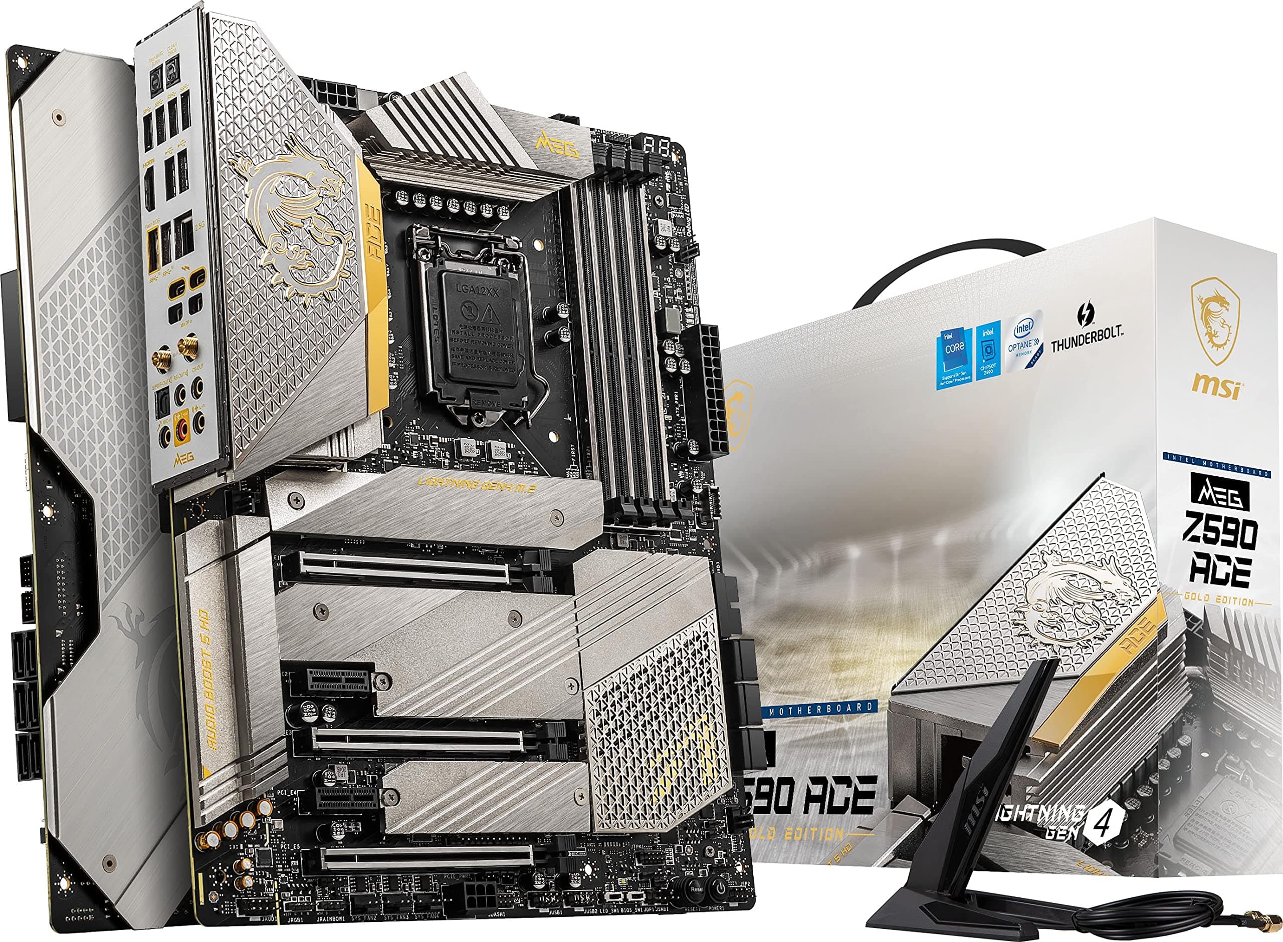MEG Z590 ACE Gold Edition Gaming Motherboard (ATX, 11th/10th Gen Intel Core, LGA 1200 Socket, SLI/CFX, DDR4, PCIe 4, M.2 Slots, USB 3.2 Gen 2, Wi-Fi 6E, Mystic Light RGB)