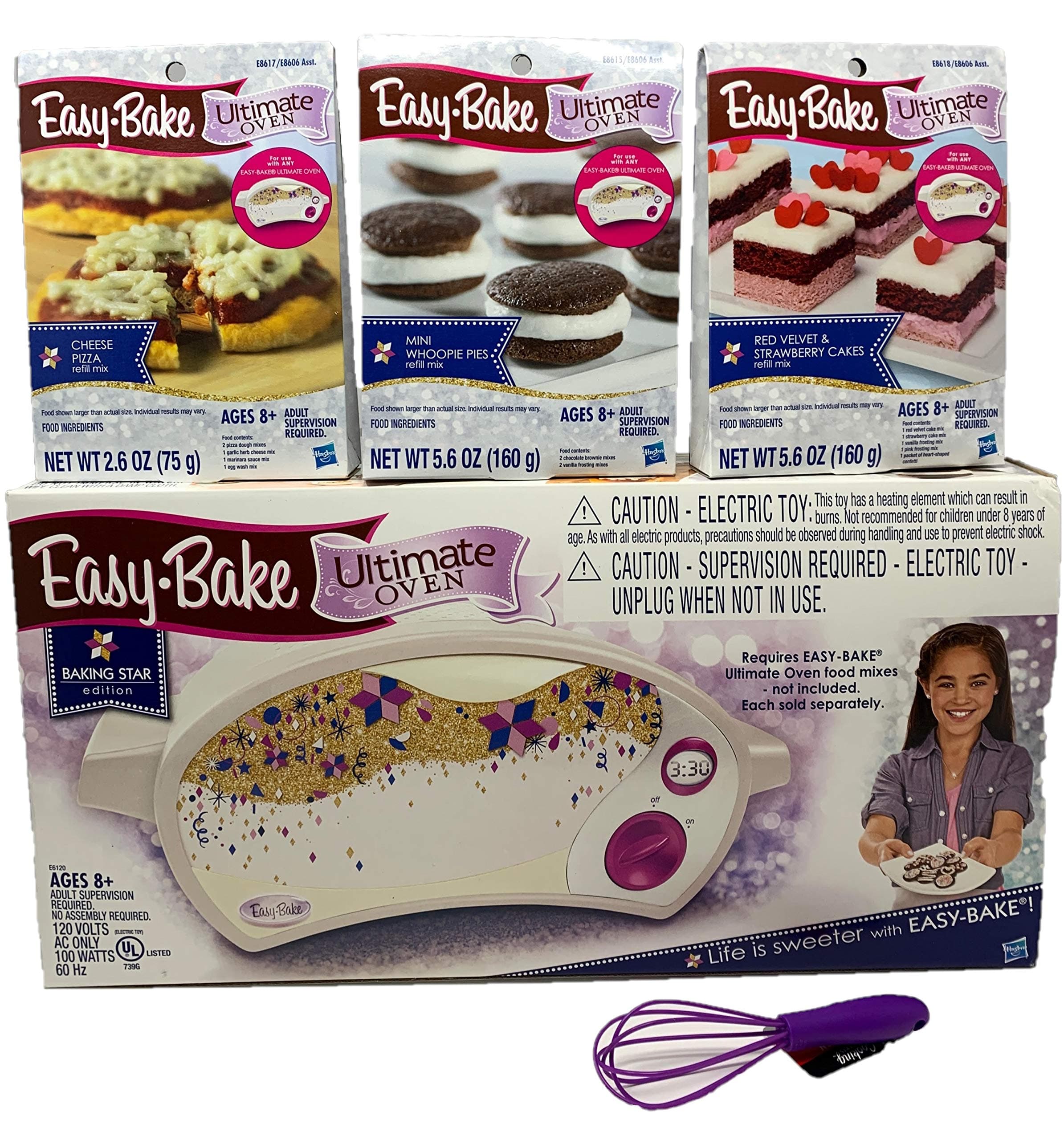 Easy Bake Oven Easy Bake Ultimate Oven Bundle Baking Star Edition + Larger Size 13.8 Oz. 3-Pack Refill Mixes (Pizza, Whoopie Pies and Red Velvet & Strawberry Cakes) + Mini Whisk