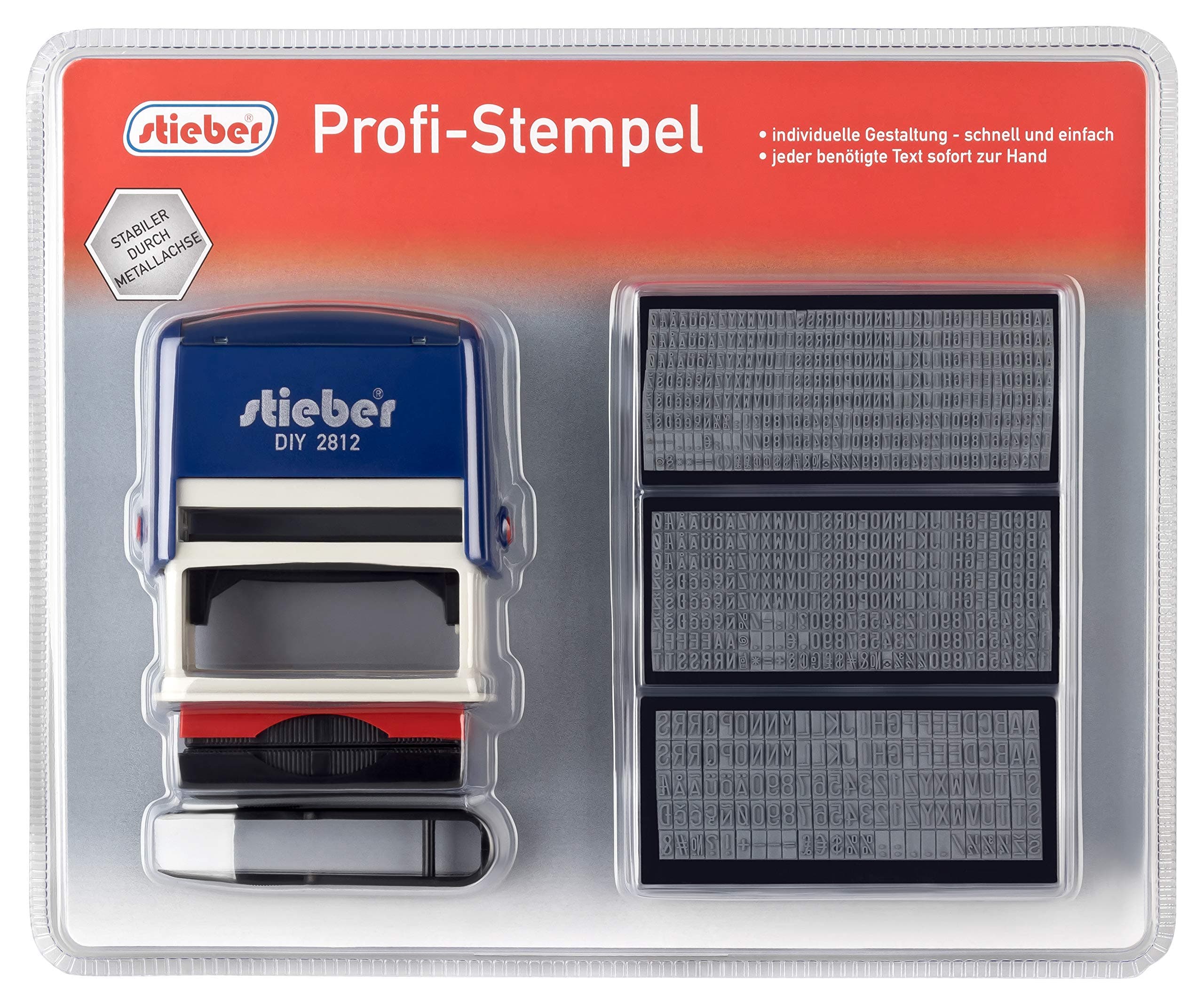 Stieber Professional Stamp, 5 Lines Super Set 2015:6 Type Sets, 2 Stamp Pads, Stamp Base (Choose Handle Colour), Text in German Bügelfarbe Blau