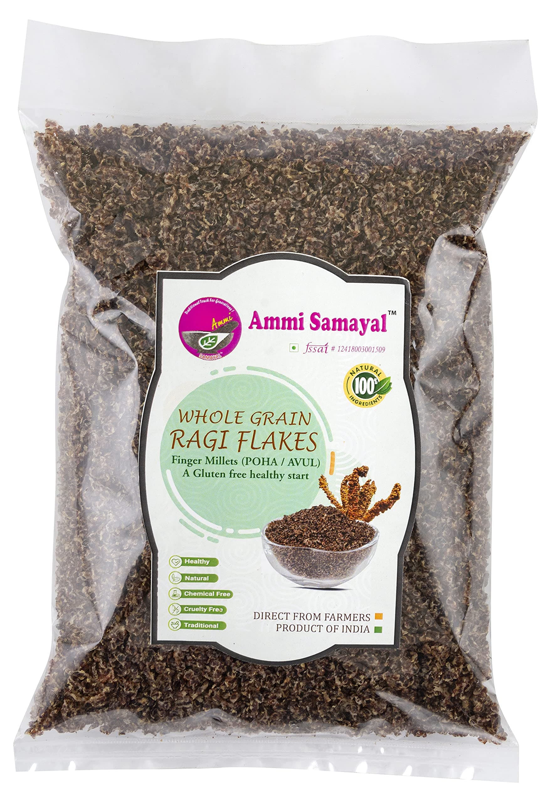 Ammi Samayal Ragi Flakes (Avul) | Whole Grain Premium Finger Millet | Ragi Poha Fresh Coconut & Country Sugar | Breakfast Millet Pohe Loaded With Calcium & Nutrients | Pack of 1 |500g