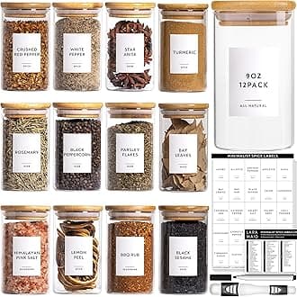 Laramaid 9oz 12Pack Spice Jars with Minimalist Spice Labels, Round Jars with Bamboo Lids, Premium Labels, Adjustable Measuring Spoon and Black Pen, Storage Container Canisters
