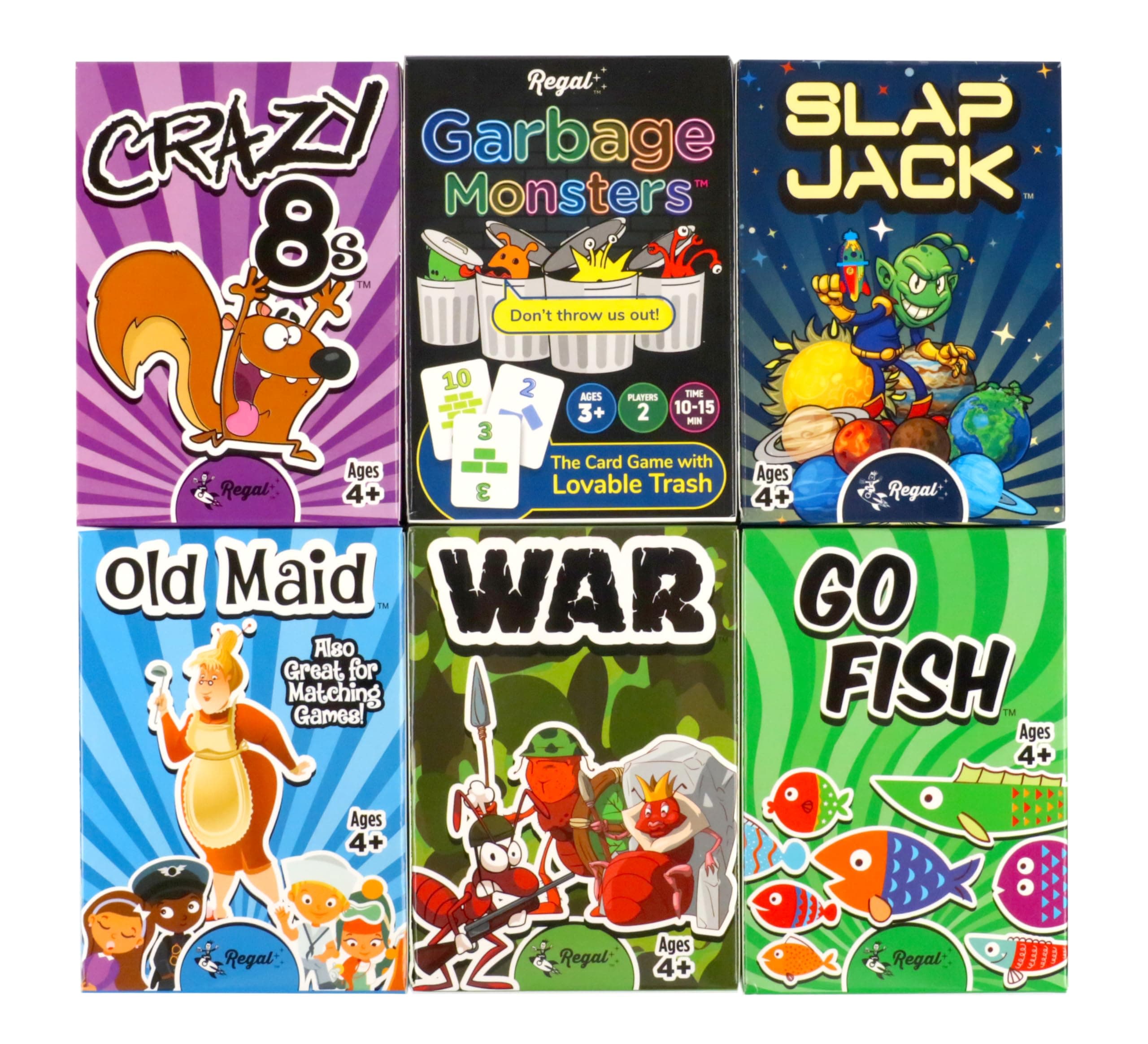Regal Games Card Games for Kids - Go Fish, Crazy 8's, Old Maid, Slap Jack, Monster Memory Match, War - 6 Classic Family Table Games for 4+ Years