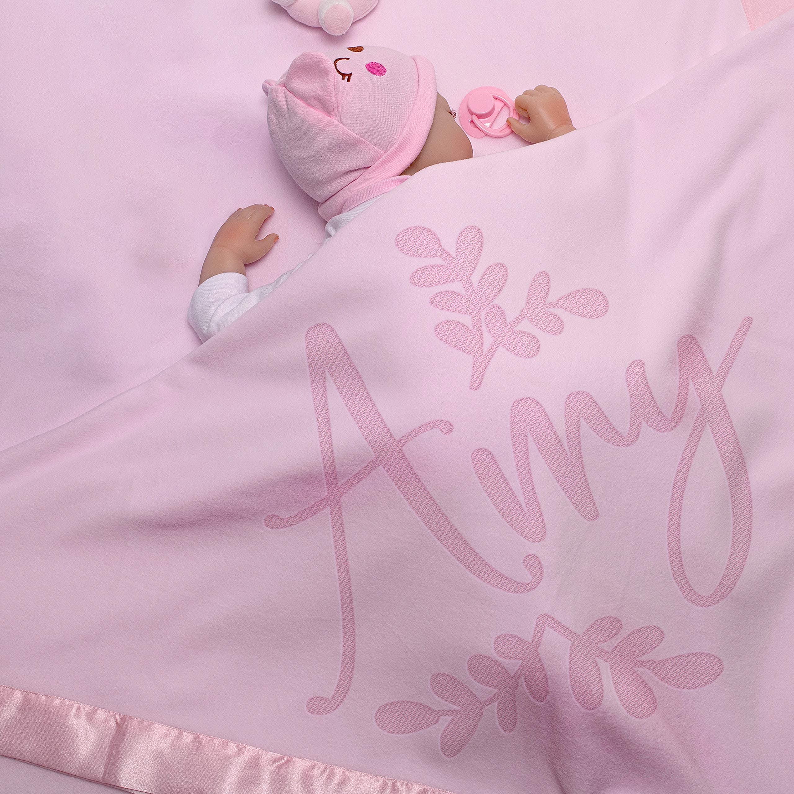 Be Burgundy Personalized Baby Blankets w/Name - Large Baby Receiving Blanket - 36x36 in, Satin Trim, Fleece, Pink - Baby Girl Gifts, Baby Stuff, Welcome Baby Gifts for Newborns, Leaf