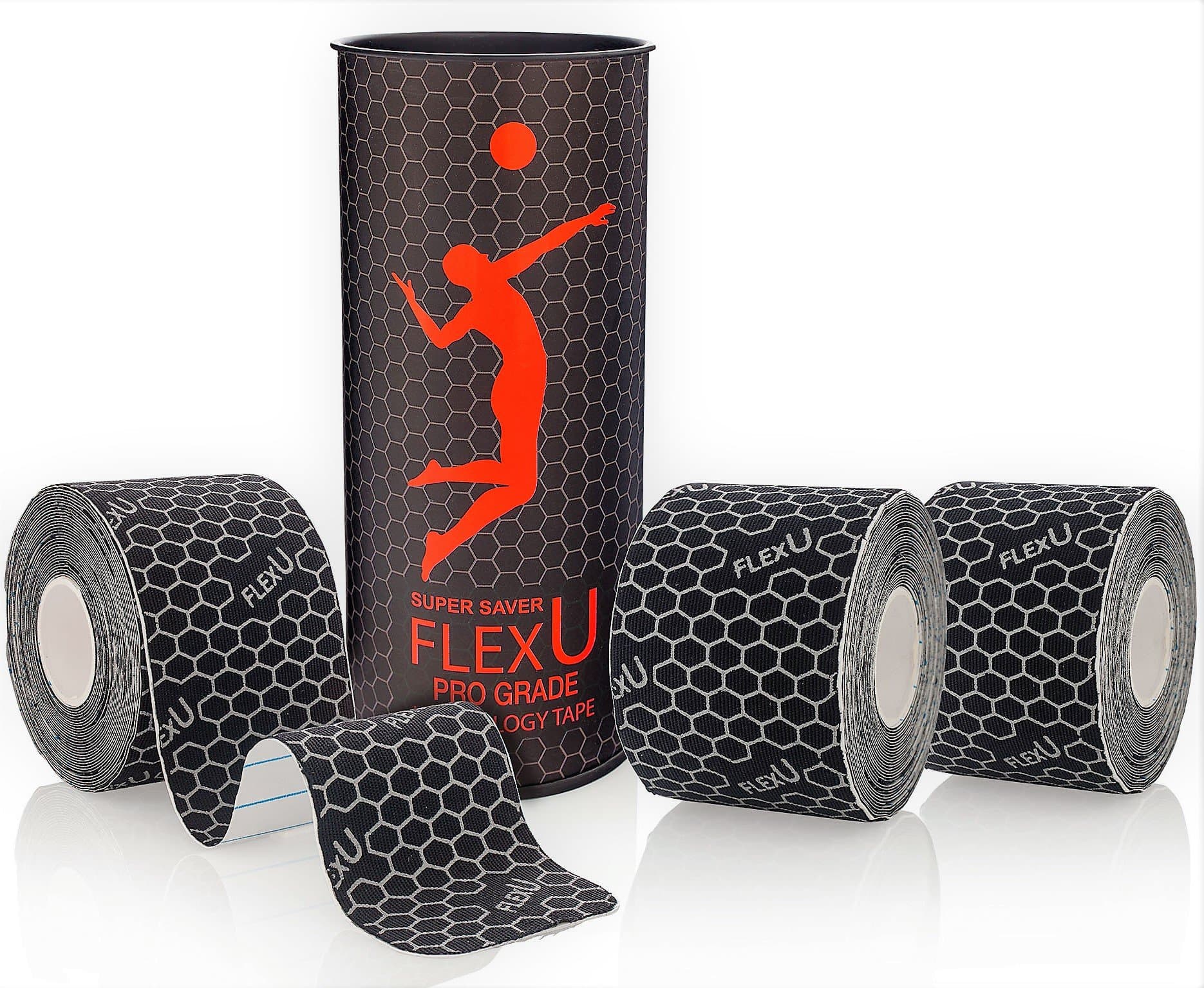 FlexU Black Kinesiology Tape - 3 Roll Pack - 60 Pre-Cut 2"x10" Strips - Hypoallergenic, Long-Lasting Pro-Grade Athletic Tape - Therapeutic Recovery; Best Joint & Muscle Support