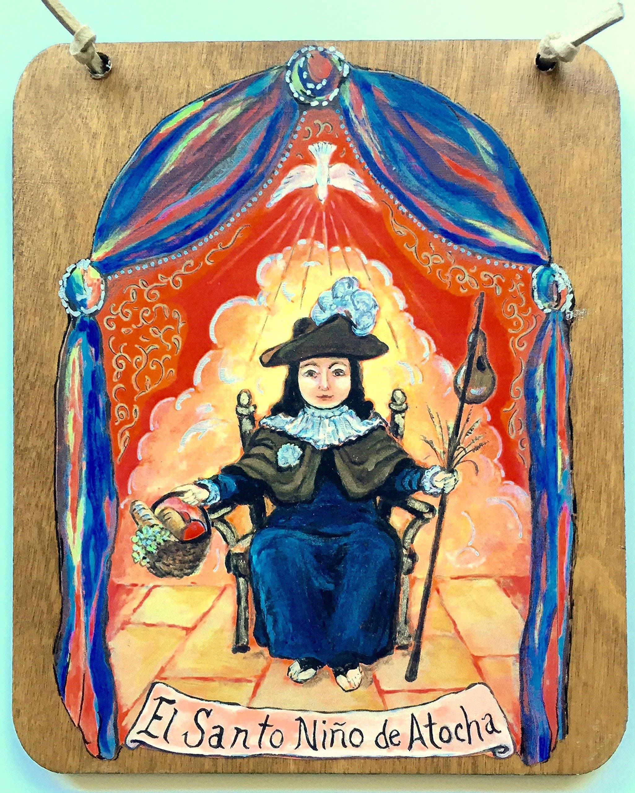 Print of my original Nino de Atocha El Santo Nino de Atocha retablo icon shrine mexico Spanish folk art orange and blue 5 x 6 inch