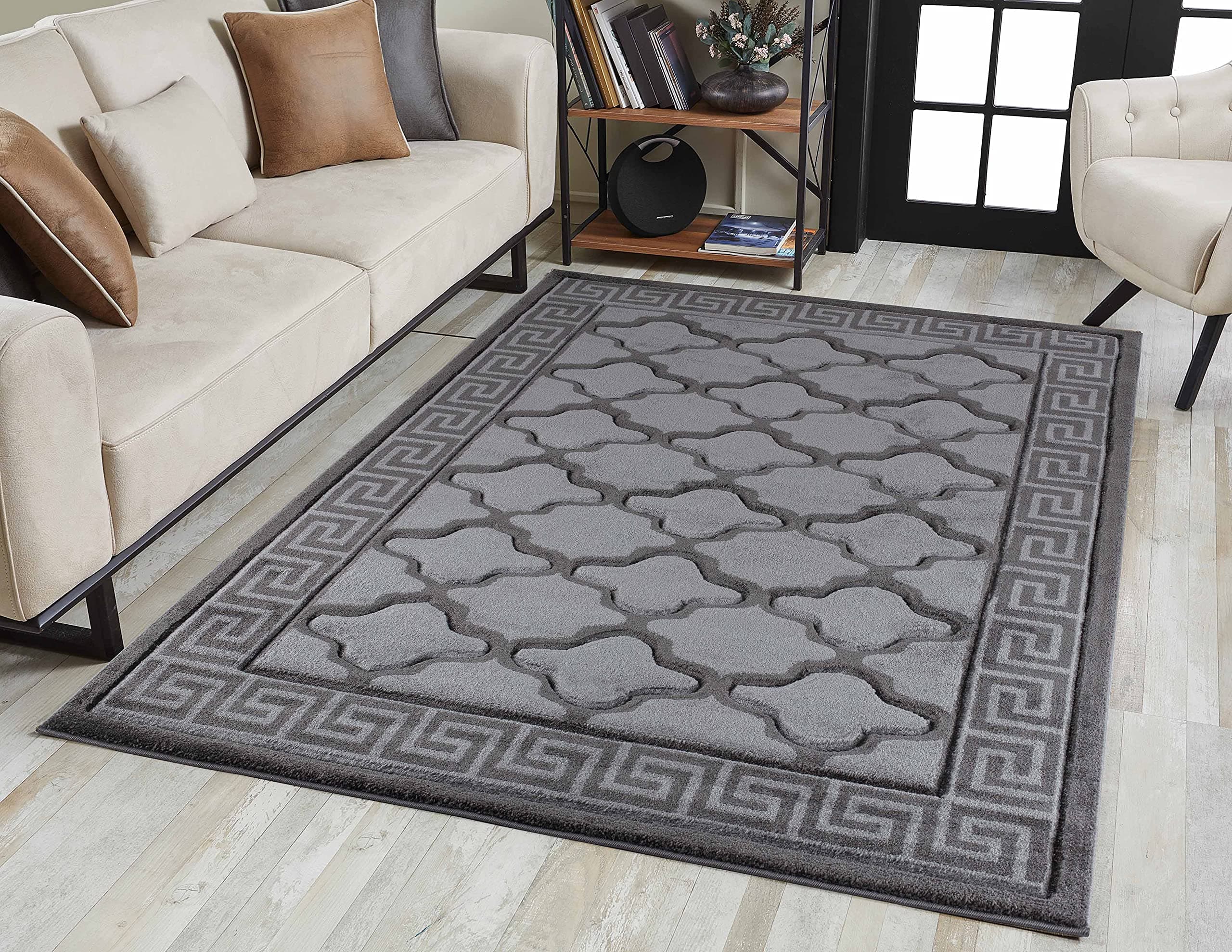 Serdim Rugs Valencia Modern Trellis Design Carved Area Rugs Grey Black 60x110 cm Rectangle