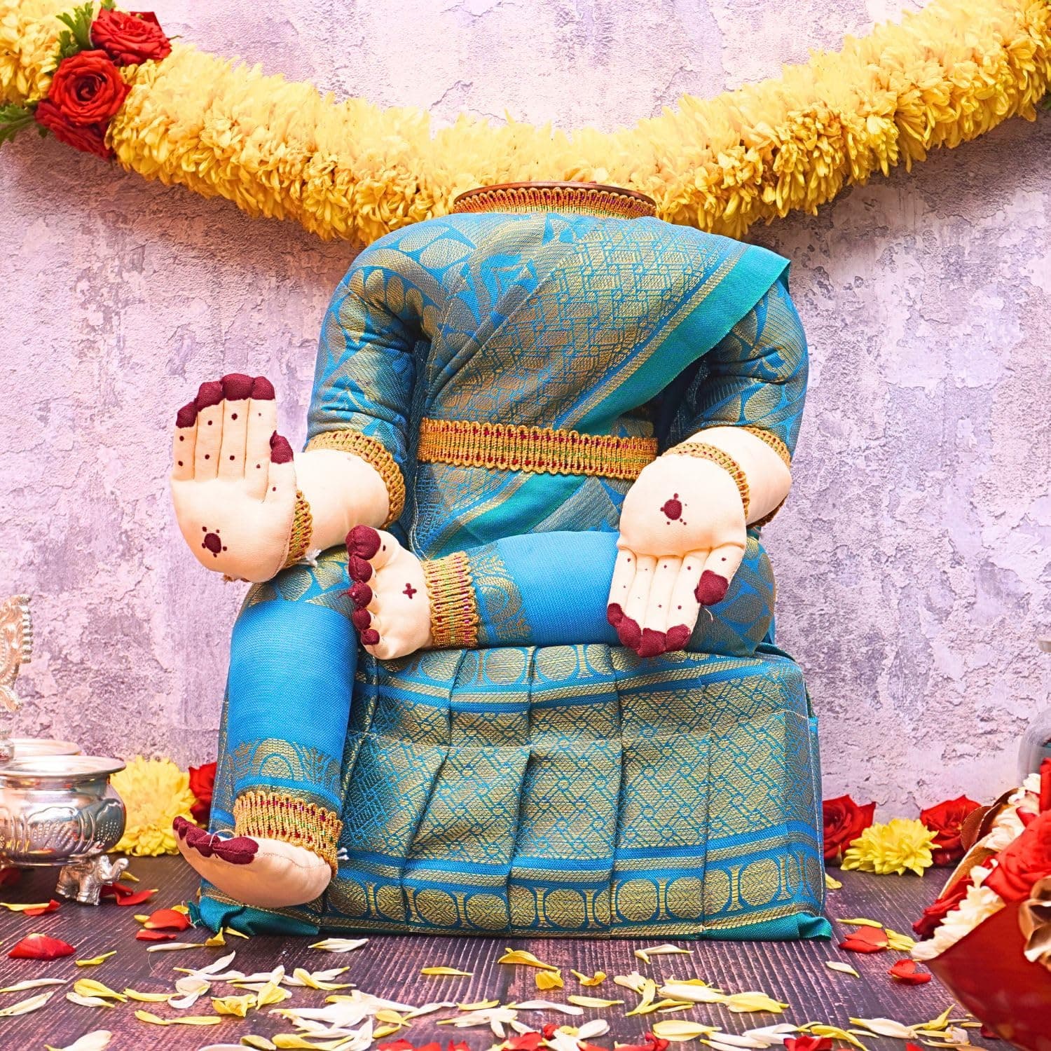 dalvkot Varalakshmi Idol Blue and Gold Saree Decorative Showpiece with Free Agarbatti Packet