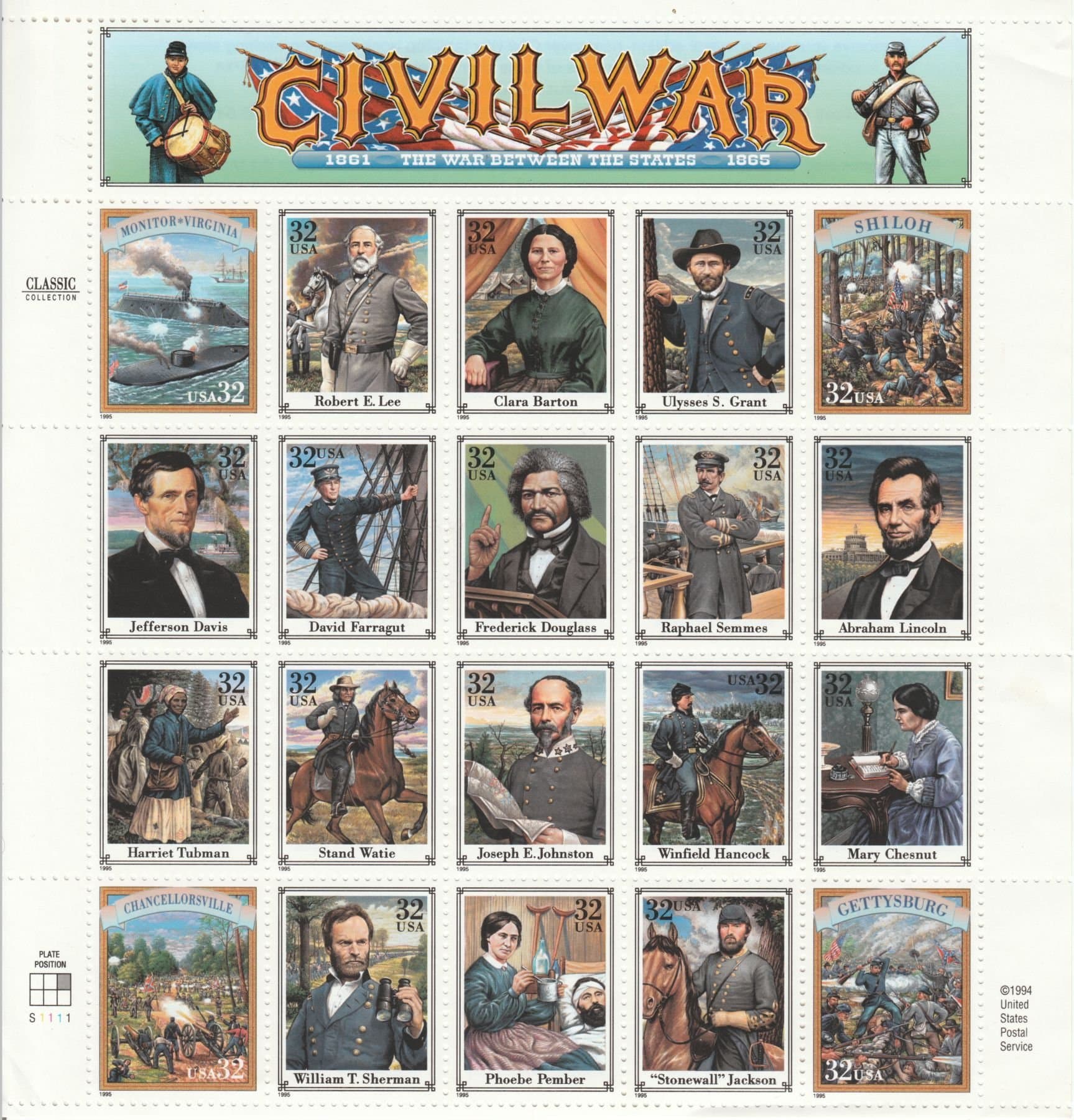 United States Postal Service USPS Civil War 20 x 32 Cent U.S. Postage Stamps 1995