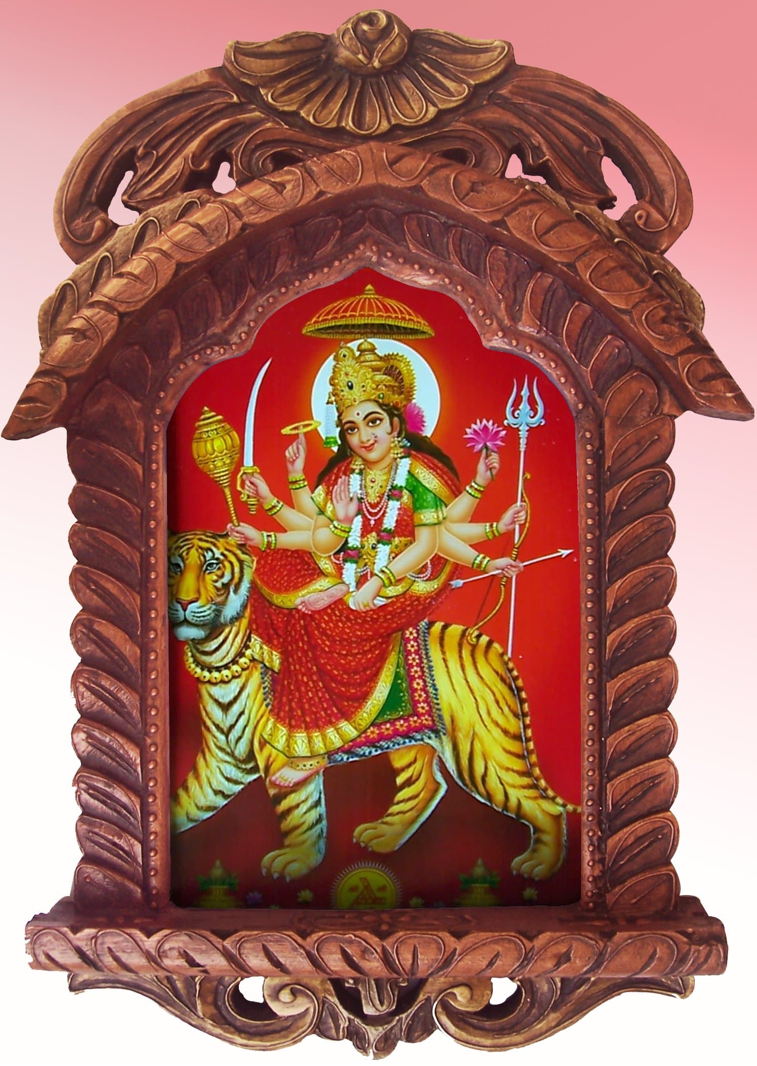 Hindu Godess Maa Vaishano Devi Giving Blessings Poster Painting in Wood Craft Jharokha Handicrafts