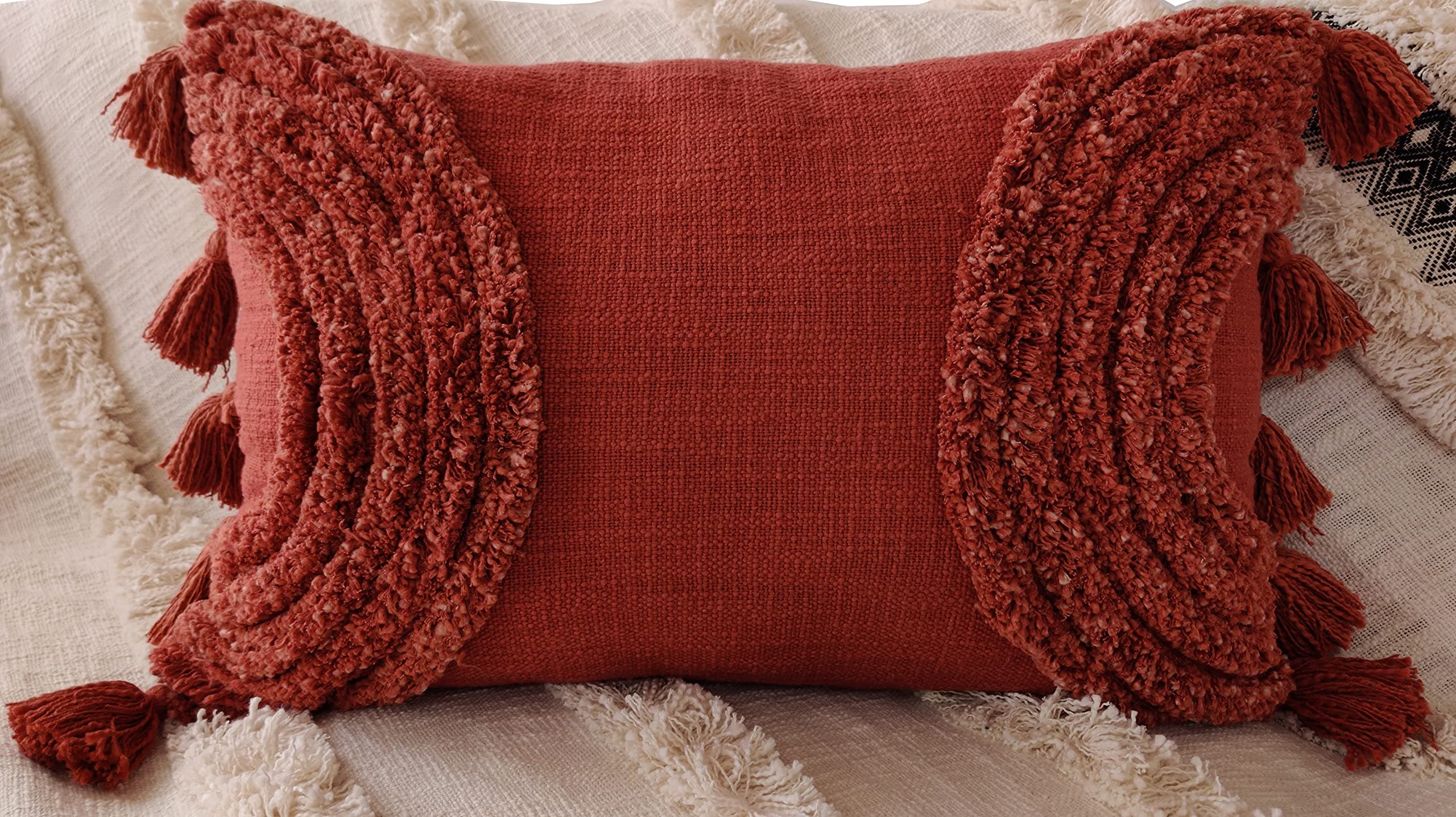 MAHASETH FASHION Cotton Rust 16x24 Ractangle Boho Sag Cushion Cover with Tassle for Decor Sofa Couch Living Room Bedroom Farm House