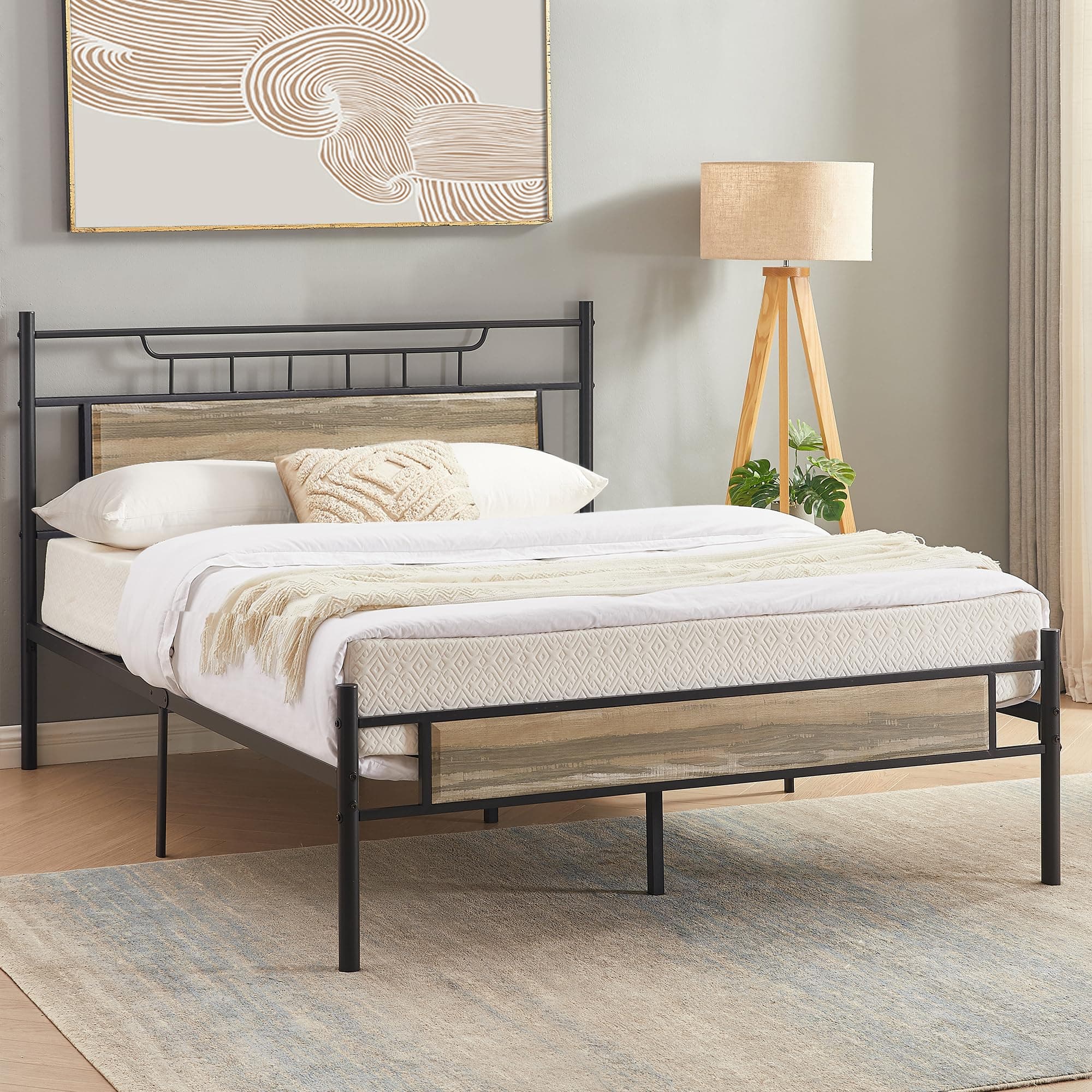 VECELO Full Size Bed Frames with Wood Headboard,Strong Metal Slats Support for Platform,No Box Spring Needed,Easy Assembly,Slate Grey