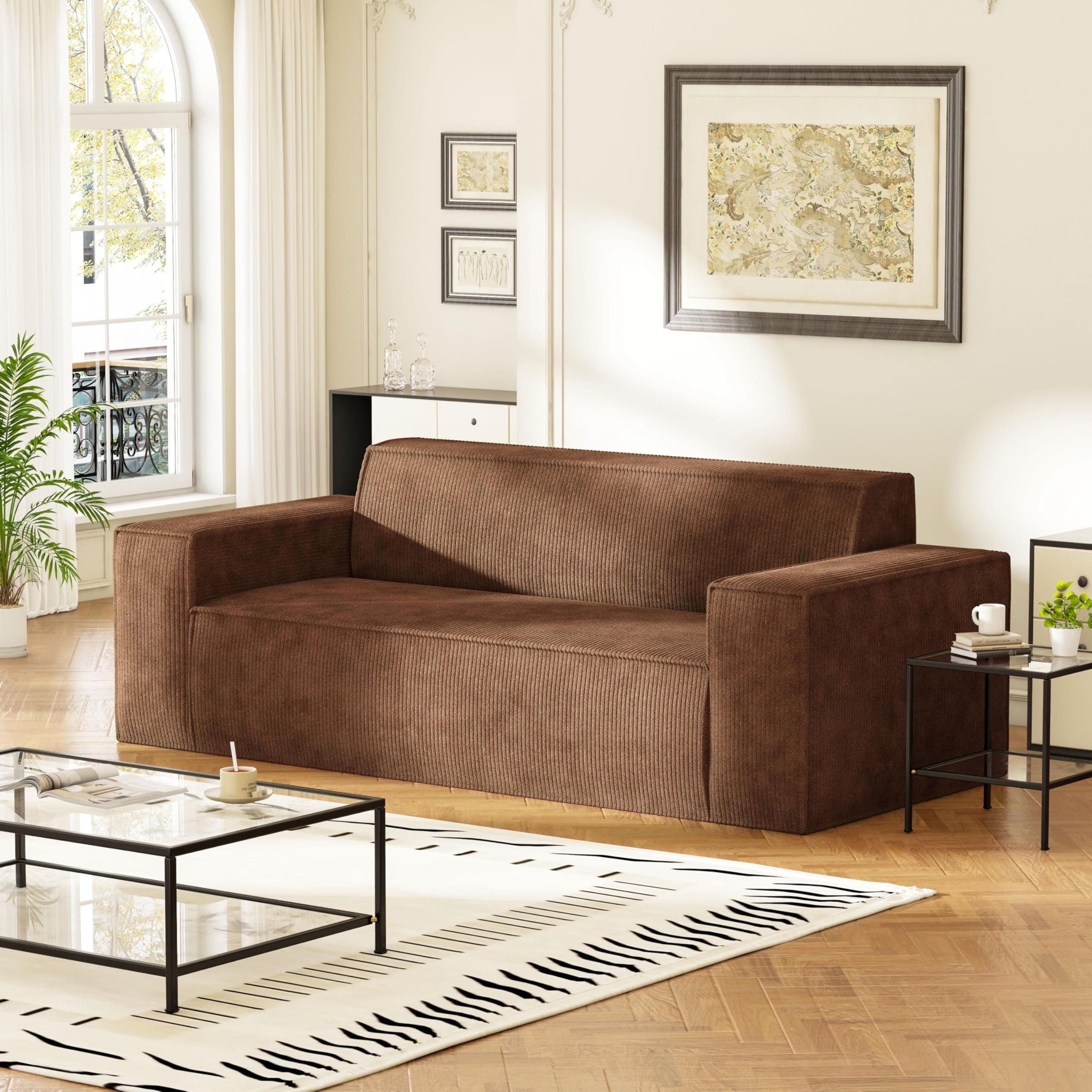Swbvs Sofa-in-a-Box, Memory Foam 3-Seater Couch, No Installation & Easy to Transport, Deep Seat Modern Sofa with Corduroy Fabric, Perfect for Living Room, Bedroom, Apartment, Home Office, Brown…