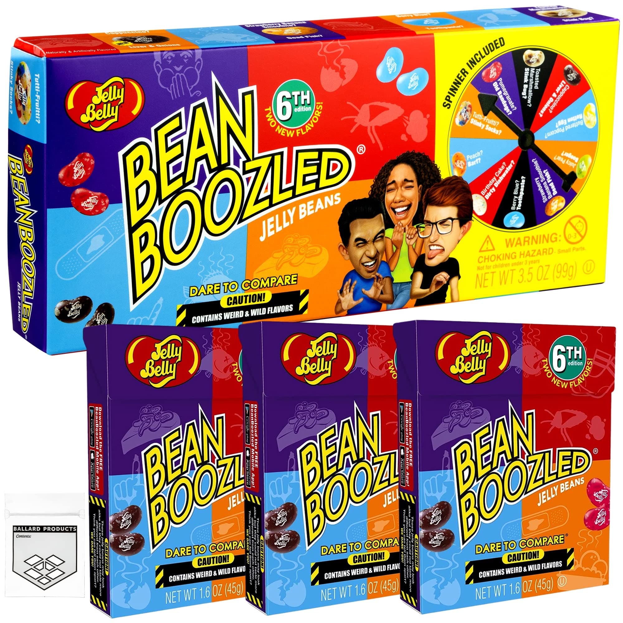 Jelly Belly Bean Boozled Spinner Game and 3 Refill Packs - BeanBoozled Jelly Bean Game - Candy Board Game With Bad Jelly Beans - Bundle with Ballard Products Pocket Bag