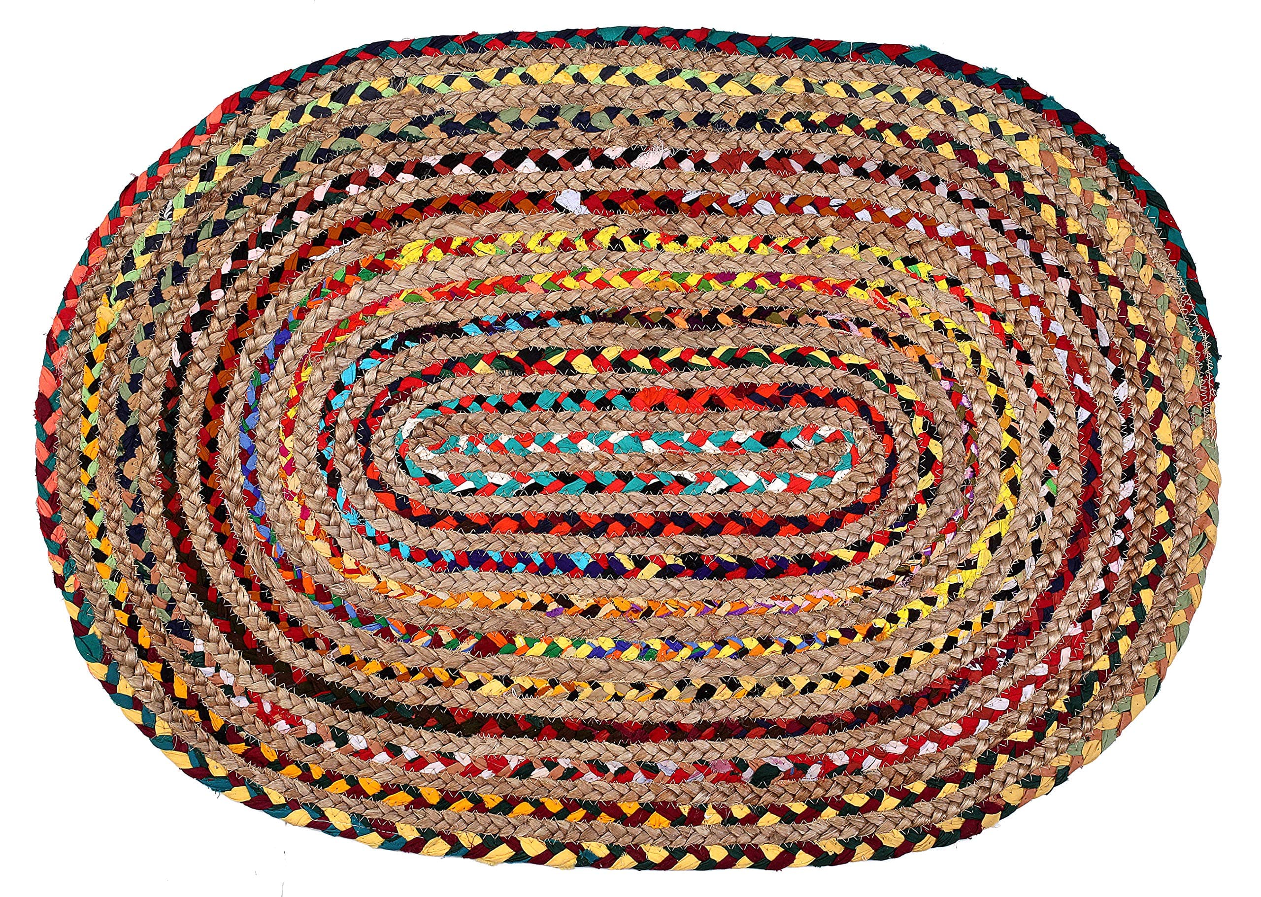 Life By Cotton Hand Woven Reversible Jute Burlap Cotton Multi Chindi Braid Rug, 2x3 Feet Rectangular Rag Rug - Multi Chindi Braid Rug, Hand Woven & Reversible