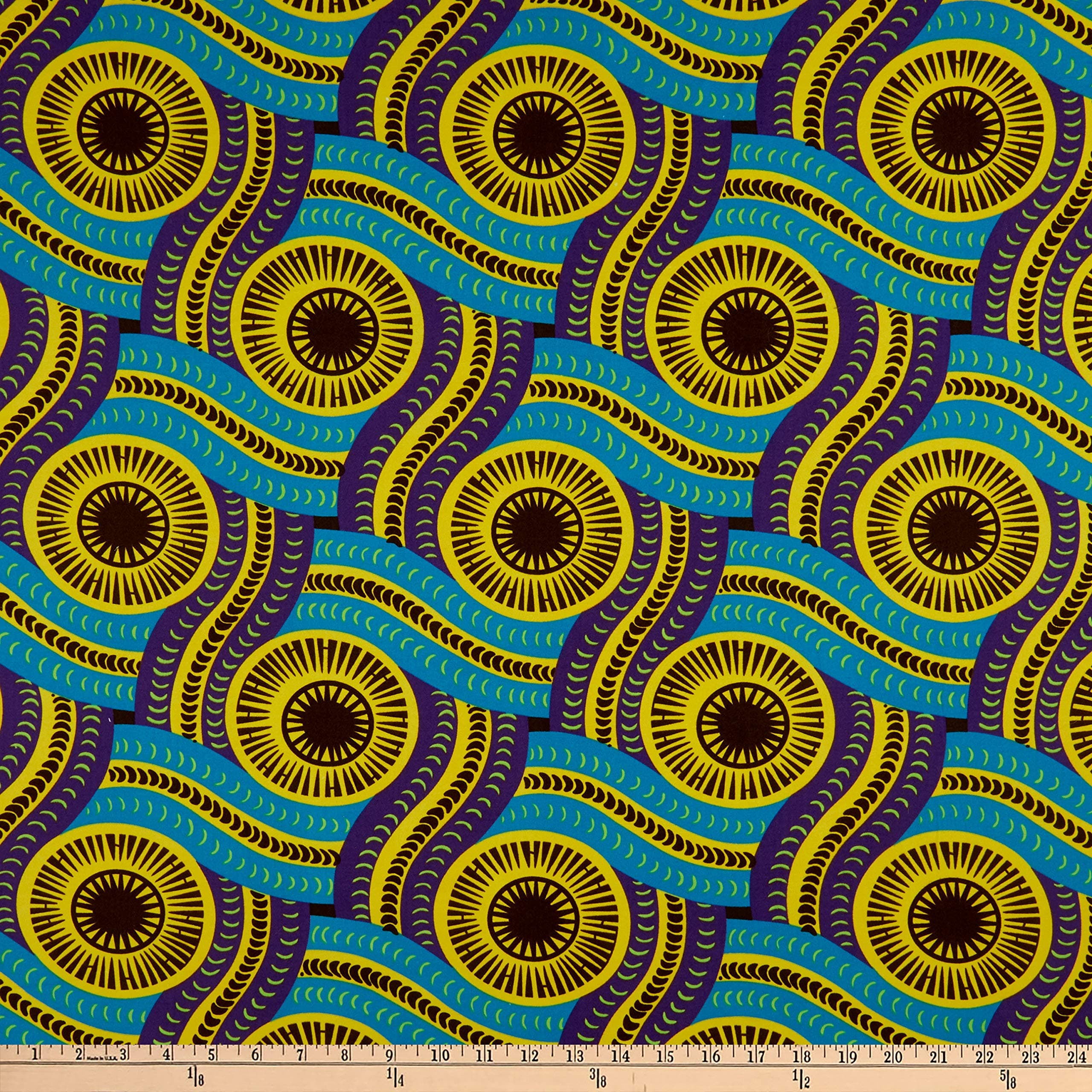 Shawn Pahwa African Ankara Print DTY Brushed Olothando Teal/Yellow, Fabric by the Yard