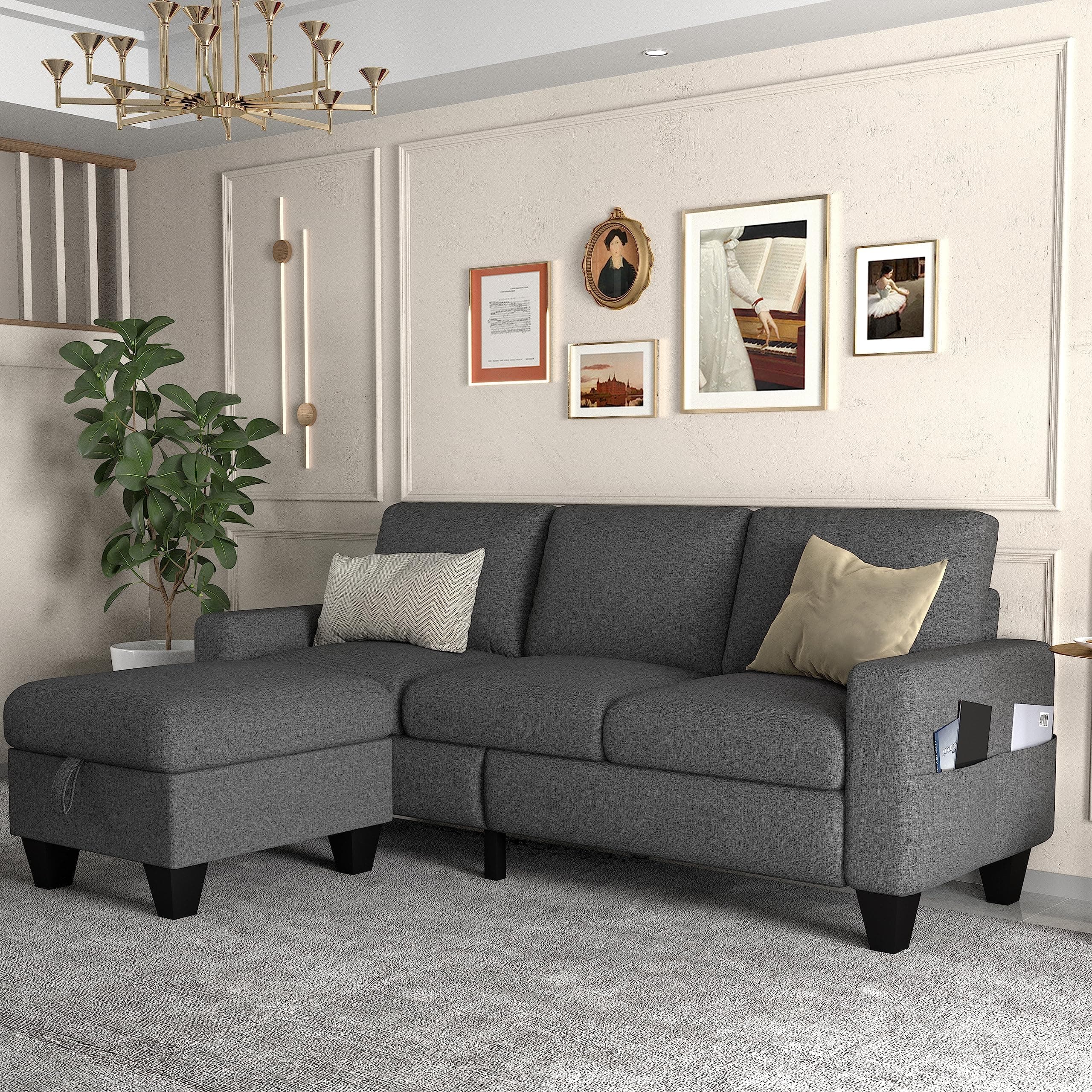 ZeeFu Couch for Living Room - 78'' Beige Linen 3 Seat L-Shaped Sectional Sofa Couches with Storage Ottoman - Modern Small Space Upholstered Furniture Sofa Set for Office Small Space Apartment
