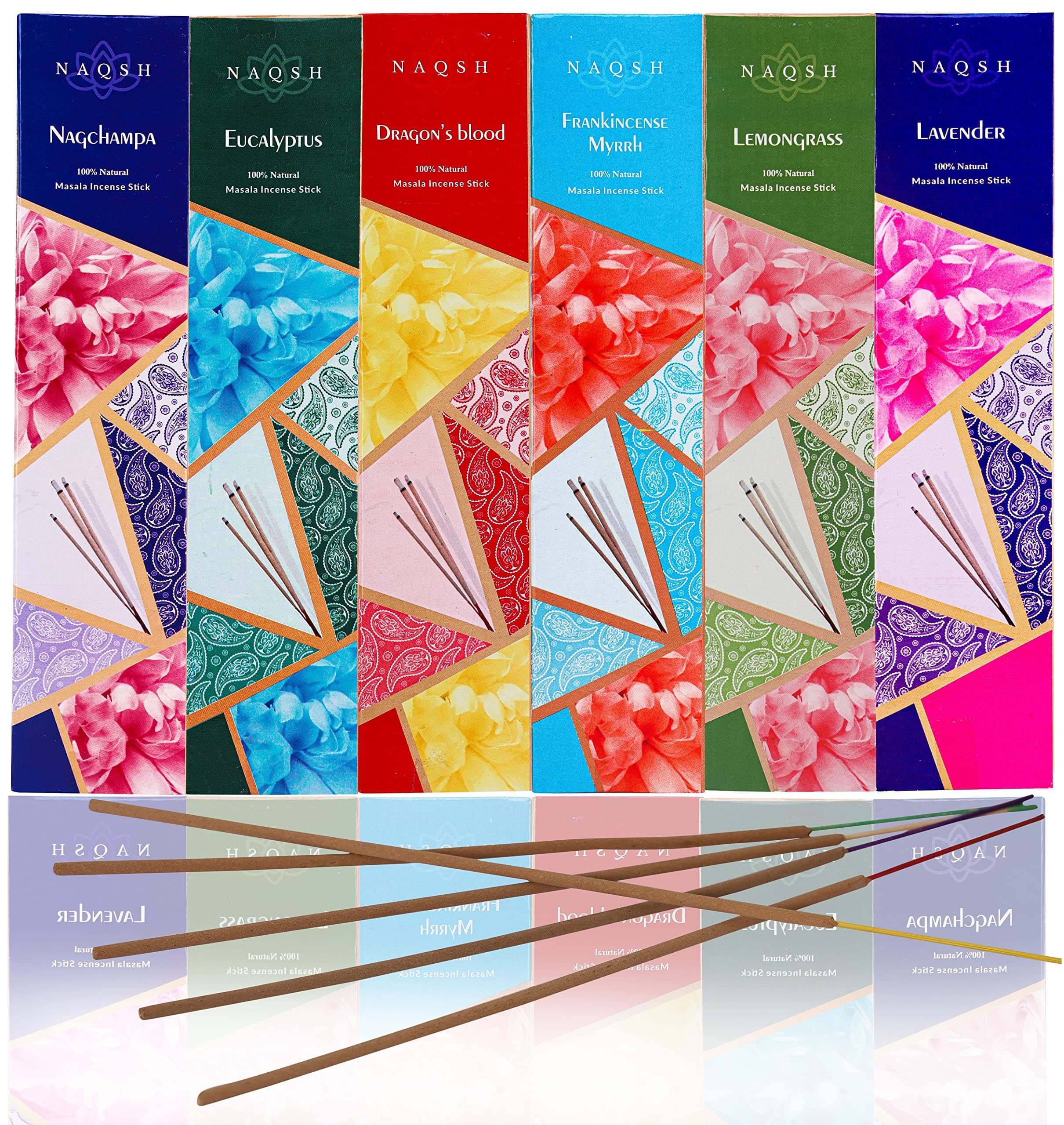 Naqsh Premium Hand Rolled Incense- Assorted 6x20 Mesmerizing Incense Sticks Including Lavender, Dragon's Blood, Frankincense Myrrh, Lemongrass, Eucalyptus, and Nagchampa