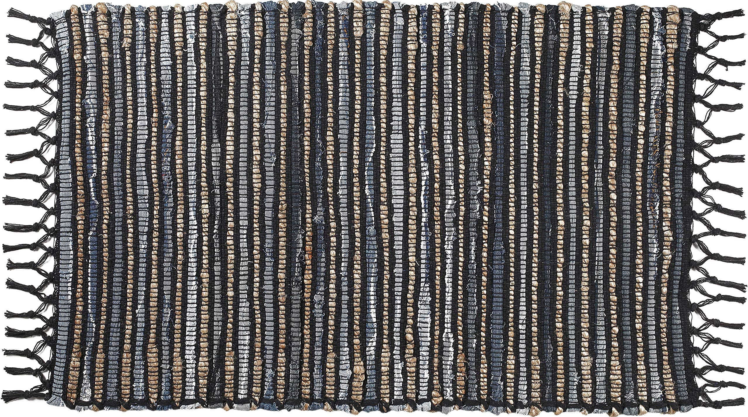 GLAMBURG Hand Woven Reversible Denim Jute Rug, Cotton Jute Chindi Rug 21x34 Inch, Rag Rugs for Living Room Bedroom Kitchen Entryway Hallways, Vintage Farmhouse Rug