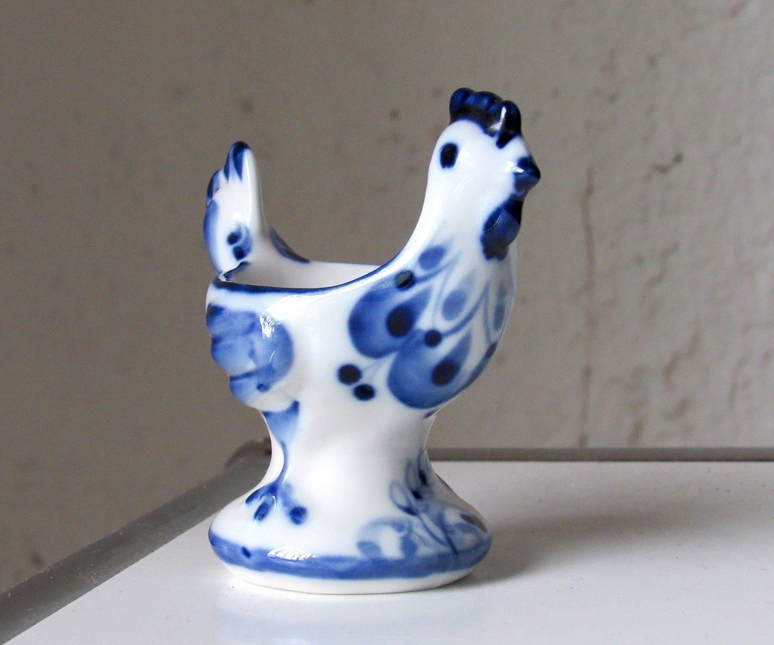 Vintage Collectable Handmade painted Russian Ghzel Hen figurine USSR egg holder one of the kind